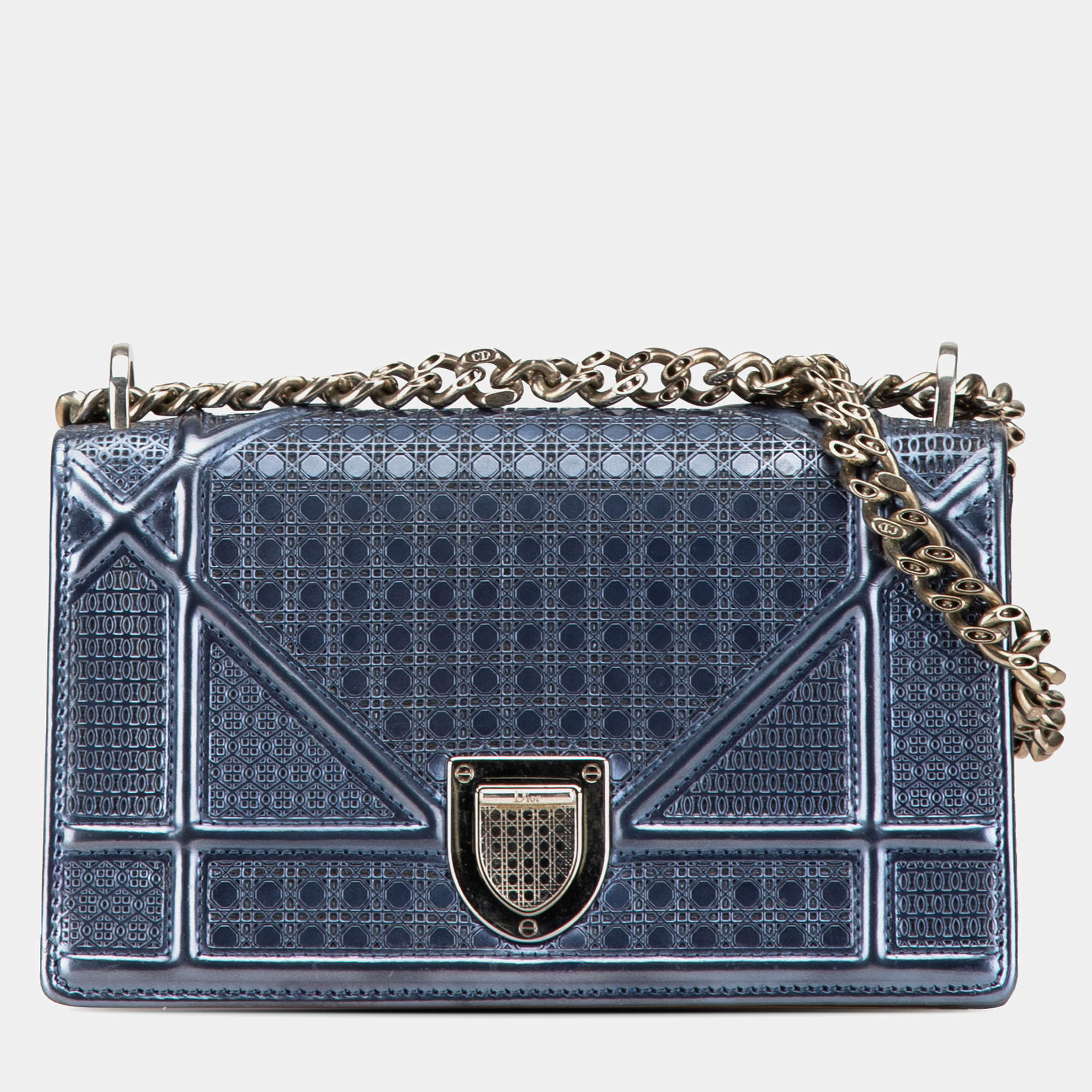 Pre Owned Dior Blue Mini Metallic Patent Microcannage Diorama Flap Bag