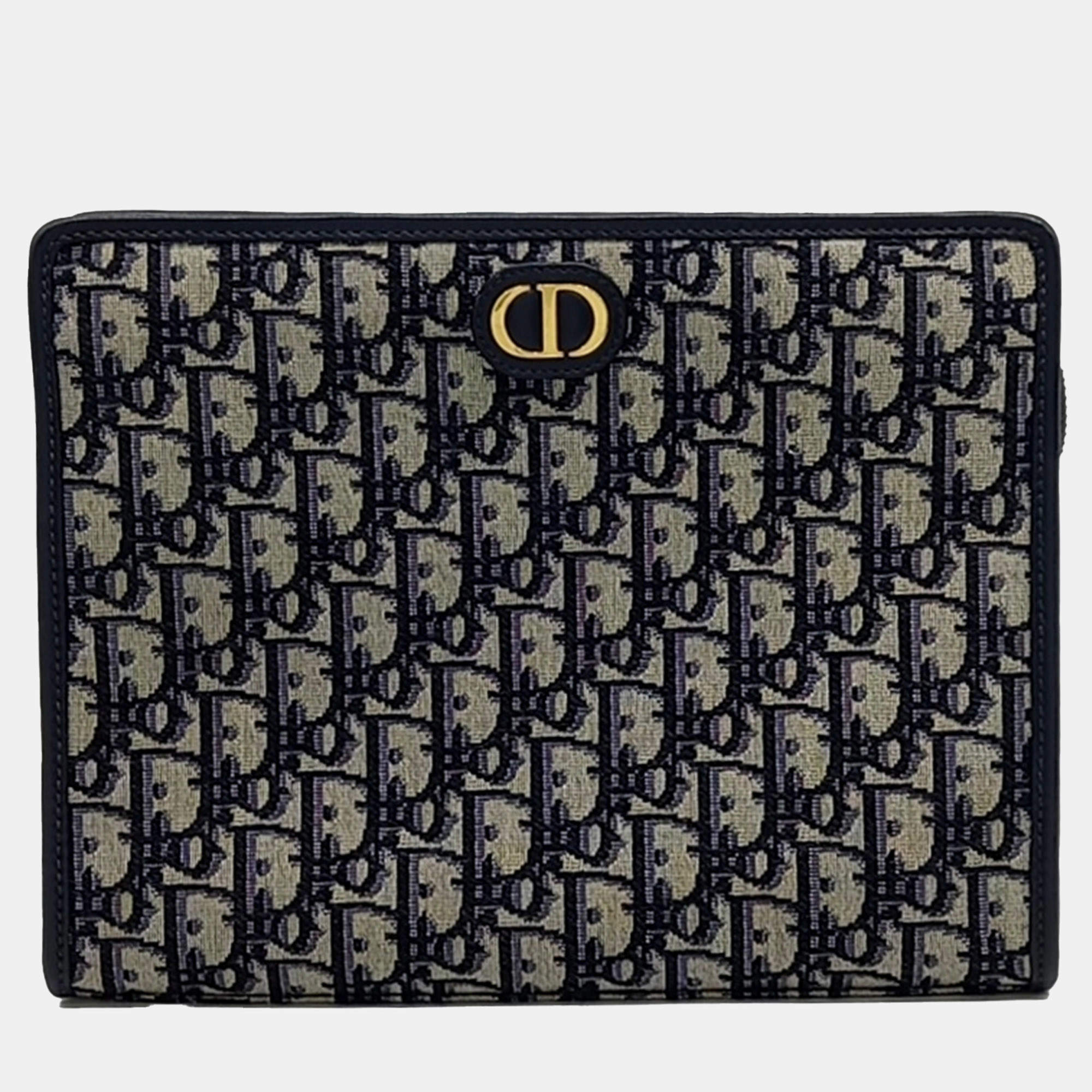 Dior Beige Navy Blue Canvas Dior Beige/Navy Blue Coated Canvas Oblique 30 Montene Pouch