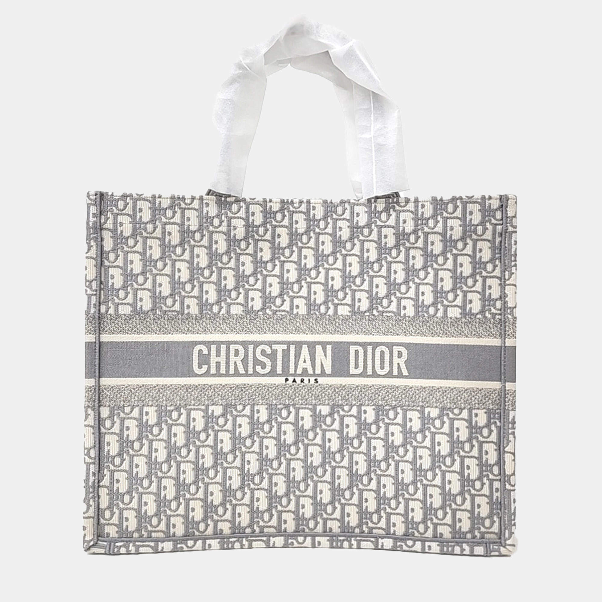 Dior Grey White Fabric Oblique Book Tote Bag