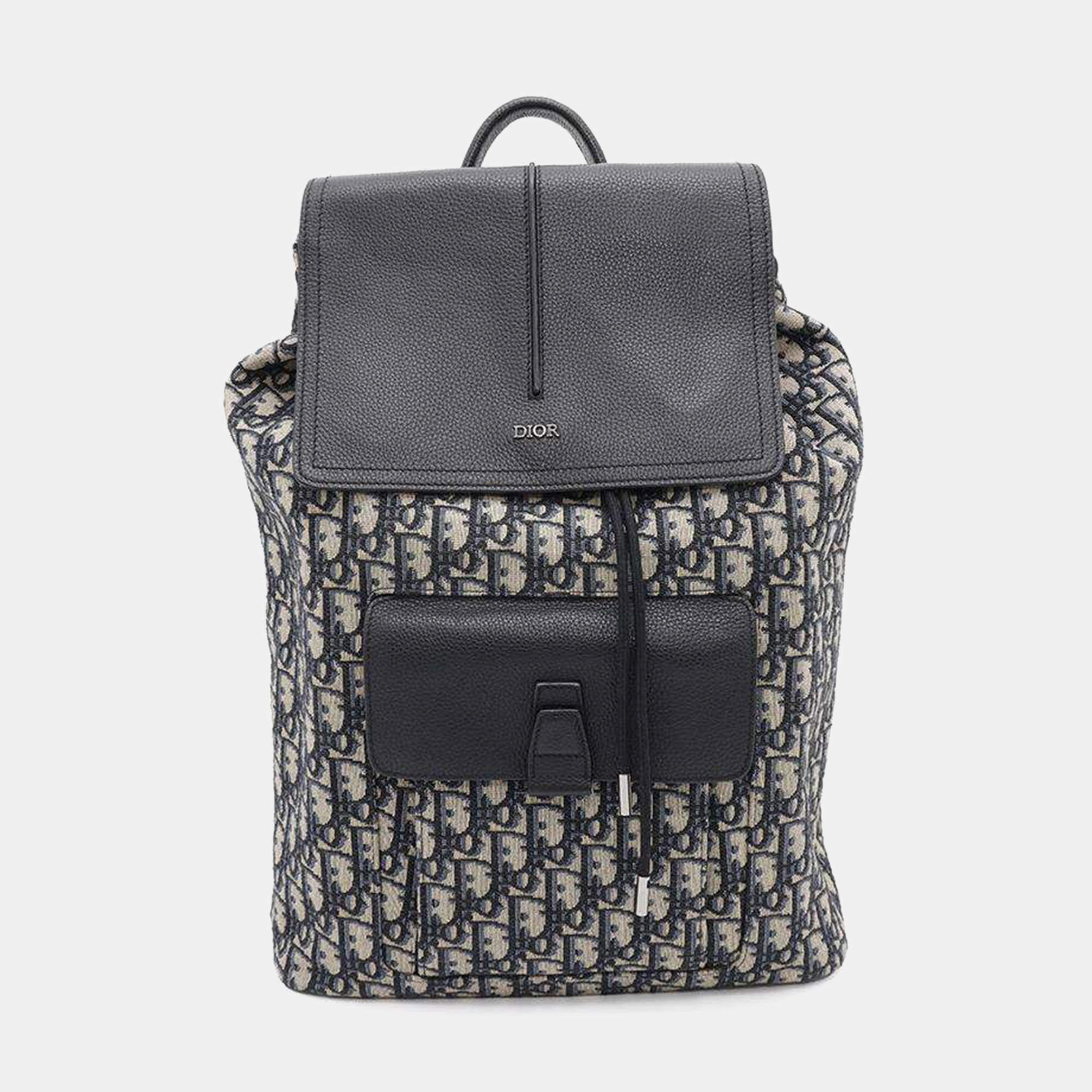 Dior Navy Black Leather Canvas Oblique Backpack
