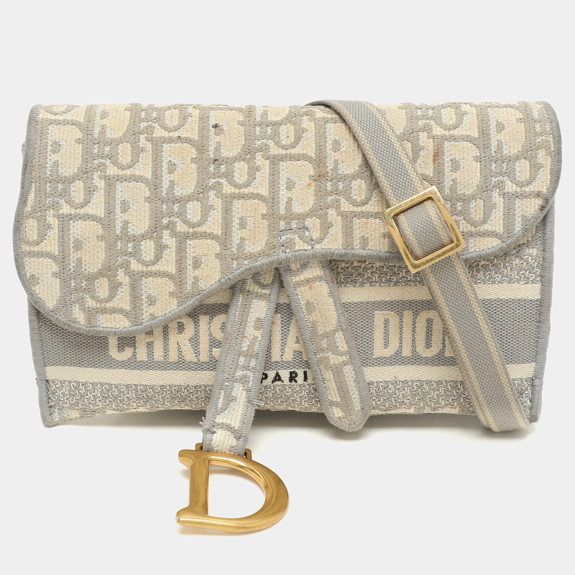 Pre Owned Dior Grey/White Oblique Canvas Saddle Belt Bag
