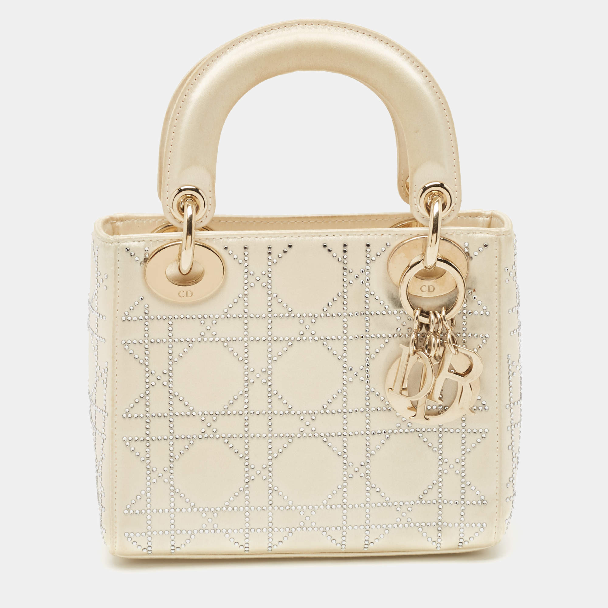 Pre Owned Dior Off White Cannage Satin Mini Crystals Embellished Lady Dior Tote