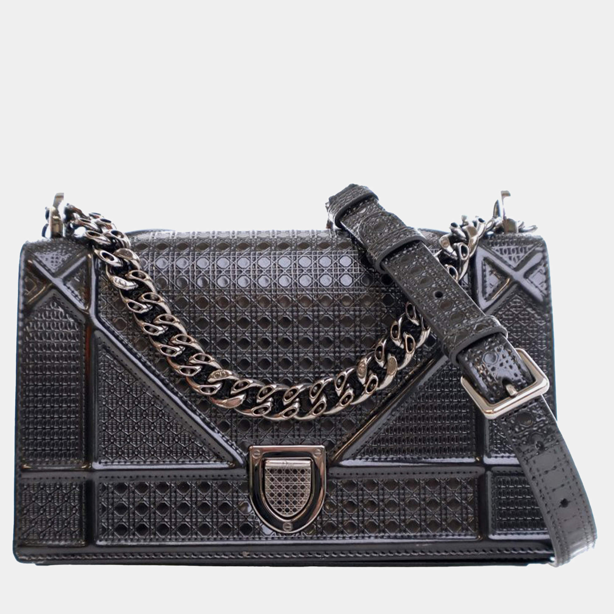 Dior Black Small Metallic Patent Microcannage Diorama Flap