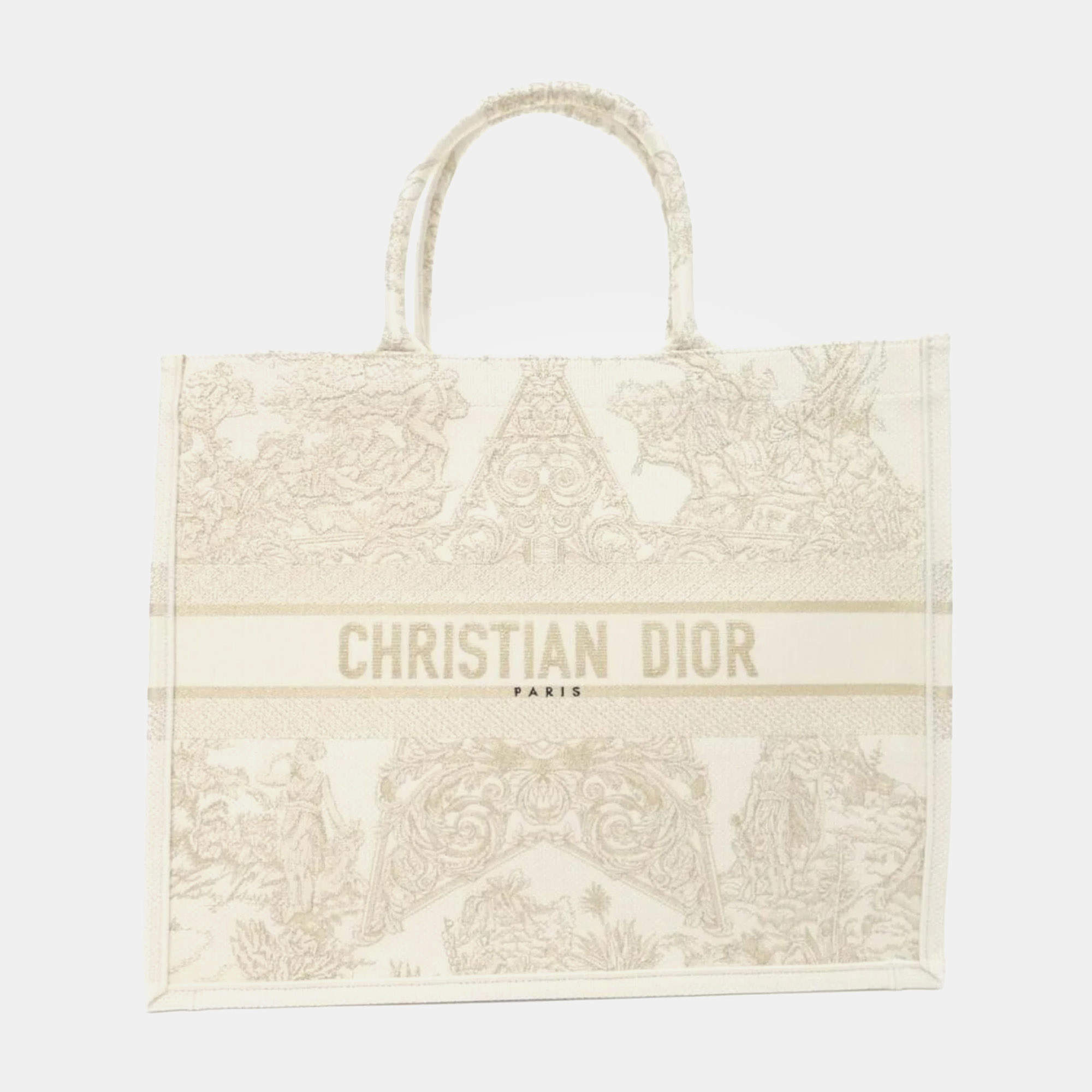 Christian Dior White/Beige Canvas Book Tote Large Handbag