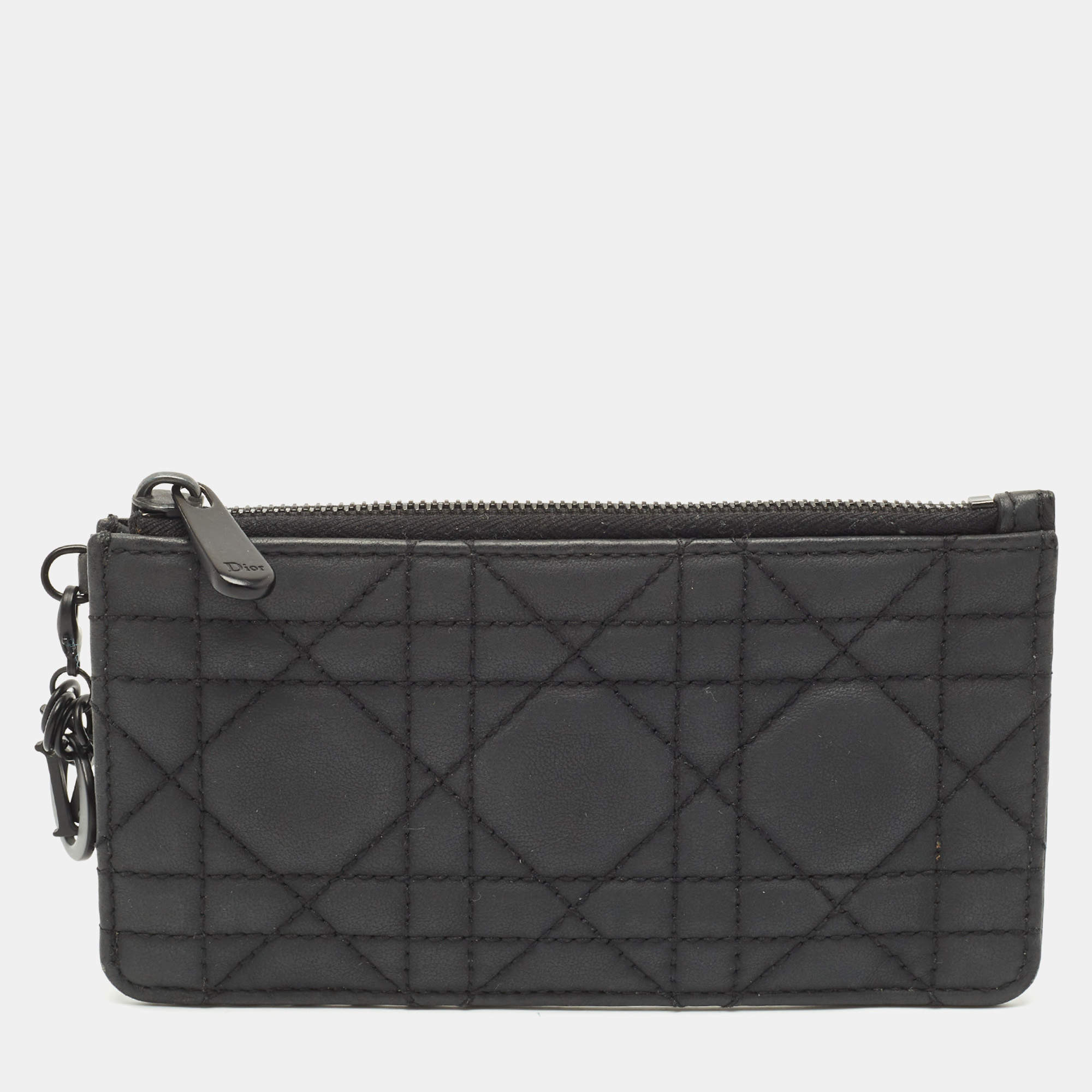 Pre Owned Dior Black Ultra Matte Cannage Leather Lady Dior Zip Card Holder