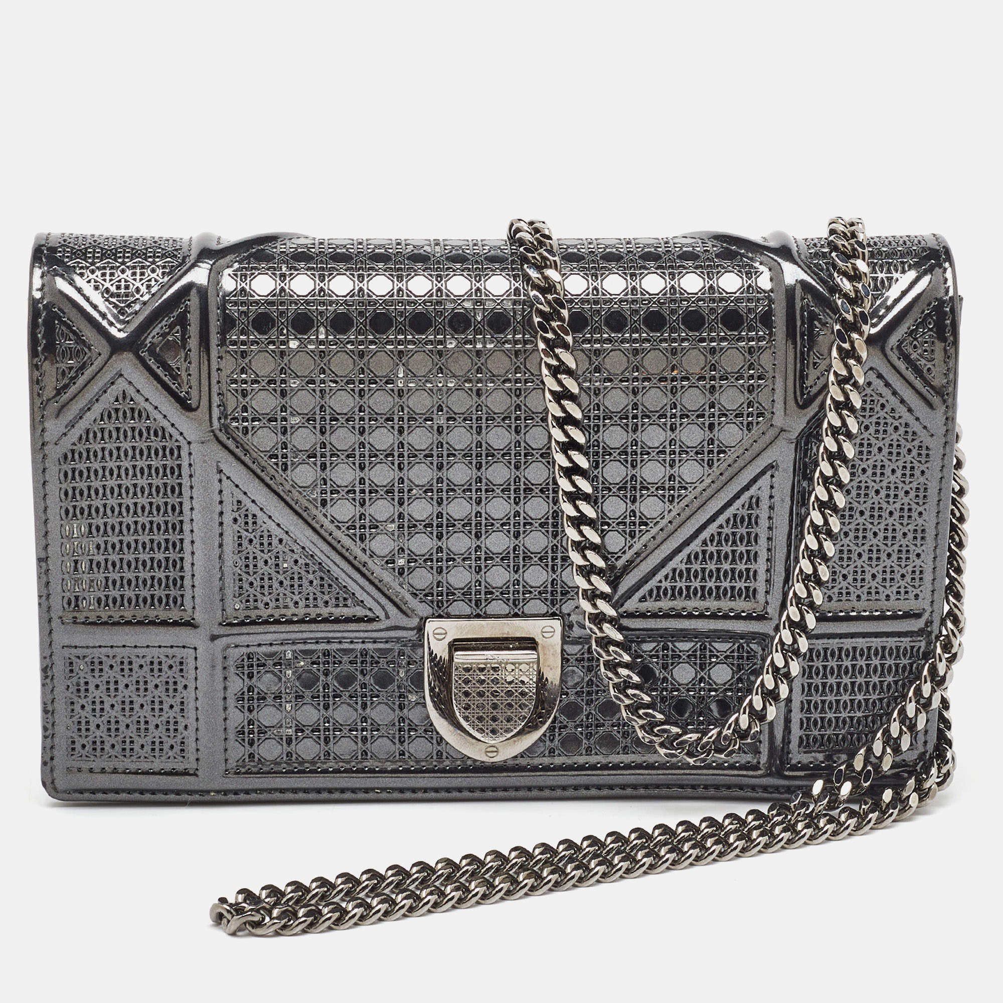 Dior Dark Grey Micro Cannage Patent Leather Diorama Wallet on Chain