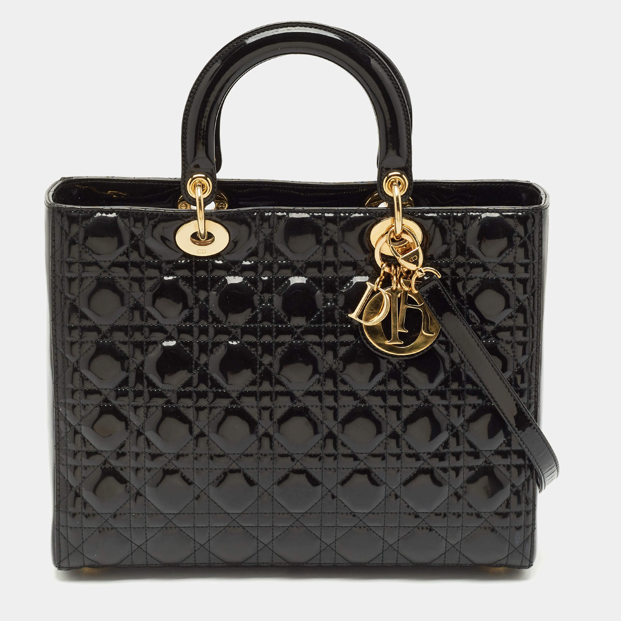 Pre Owned Dior Black Cannage Patent Leather Large Lady Dior Tote