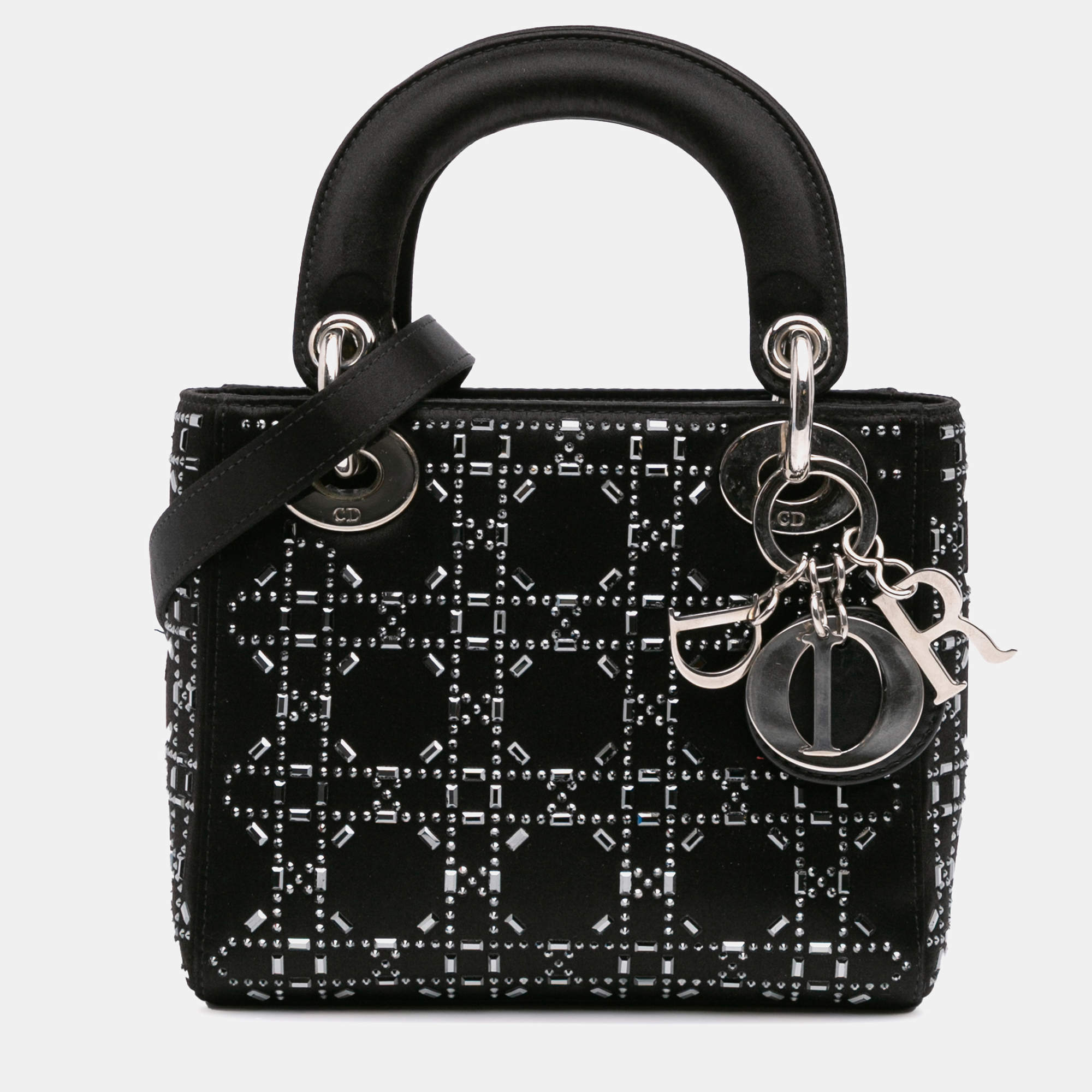 Dior Black Mini Satin Cannage Strass Crystal Embellished Lady Dior