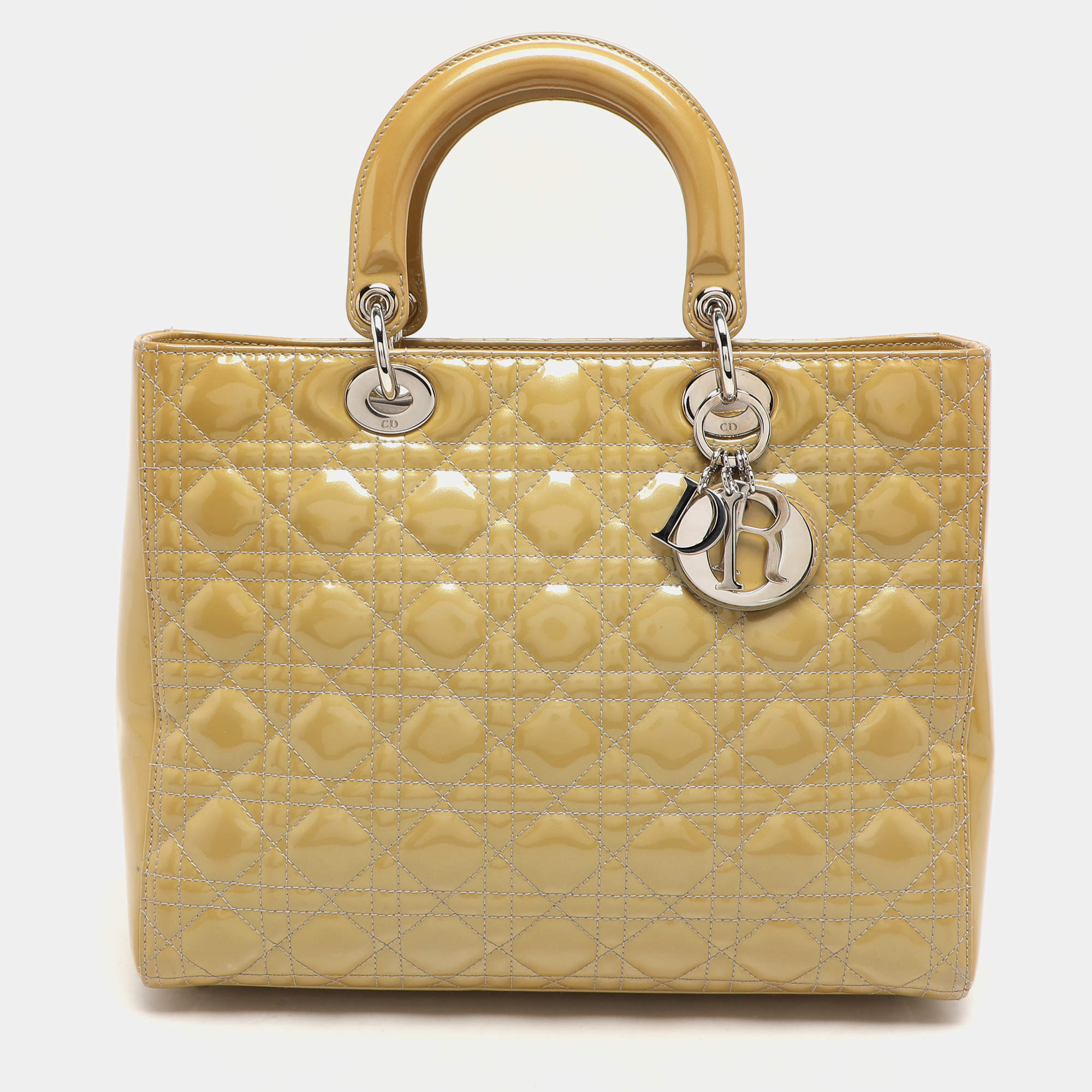 Pre Owned Dior Beige Cannage Patent Leather Large Lady Dior Tote