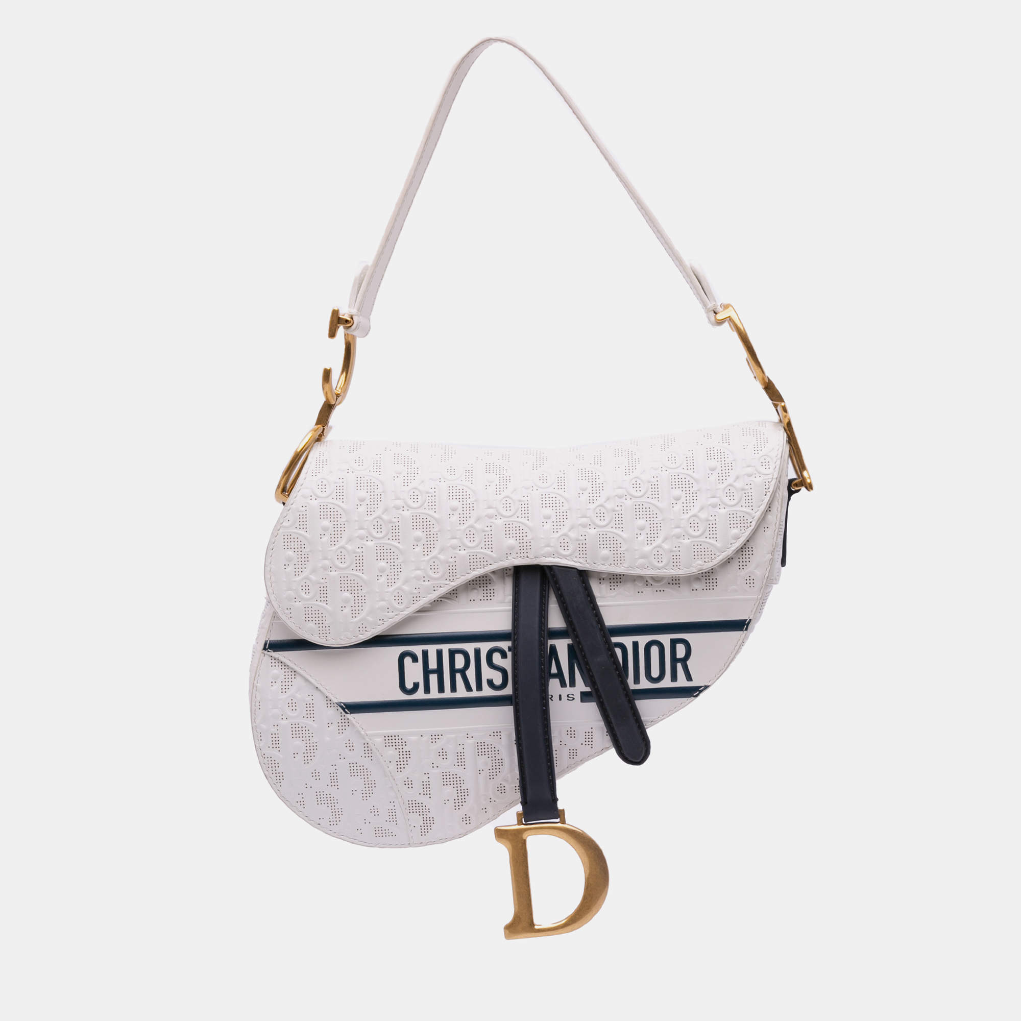 Dior White Perforated Oblique Embossed Calfskin Saddle Bag