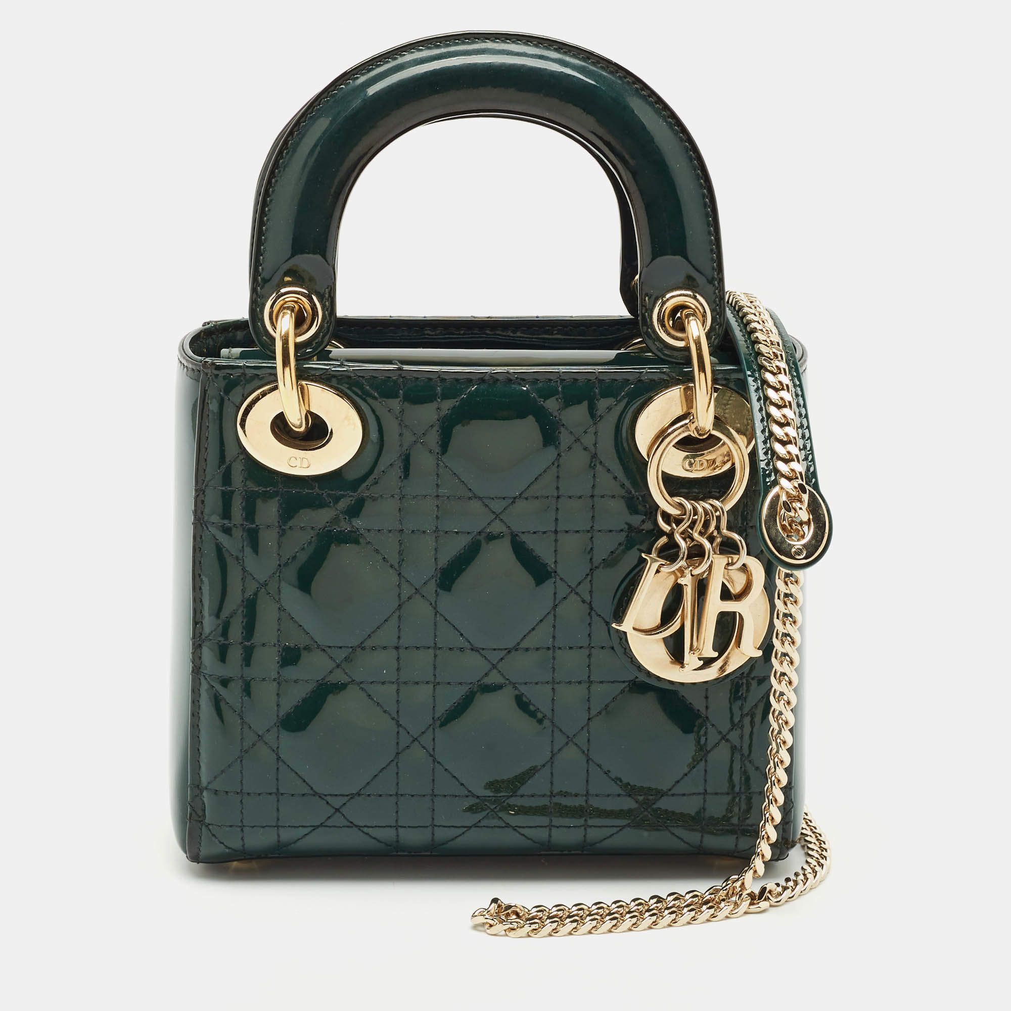 Pre Owned Dior Green Cannage Patent Leather Mini Lady Dior Tote