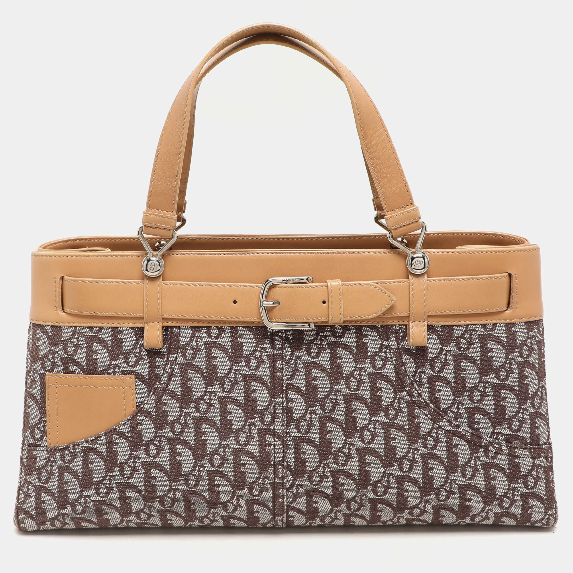 Pre Owned Dior Brown/Beige Oblique Canvas and Leather Jeans Pocket Tote