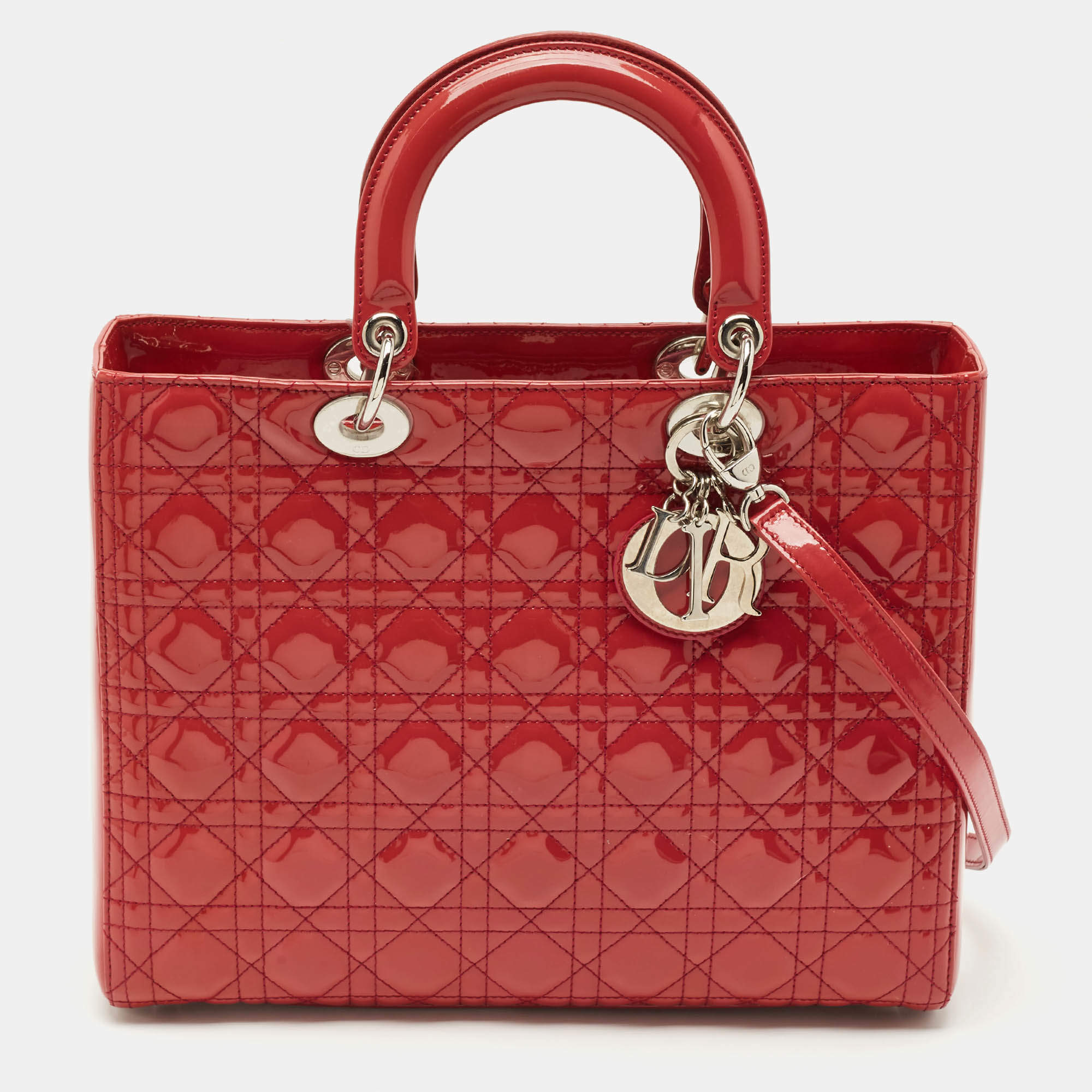Dior Red Cannage Patent Leather Large Lady Dior Tote