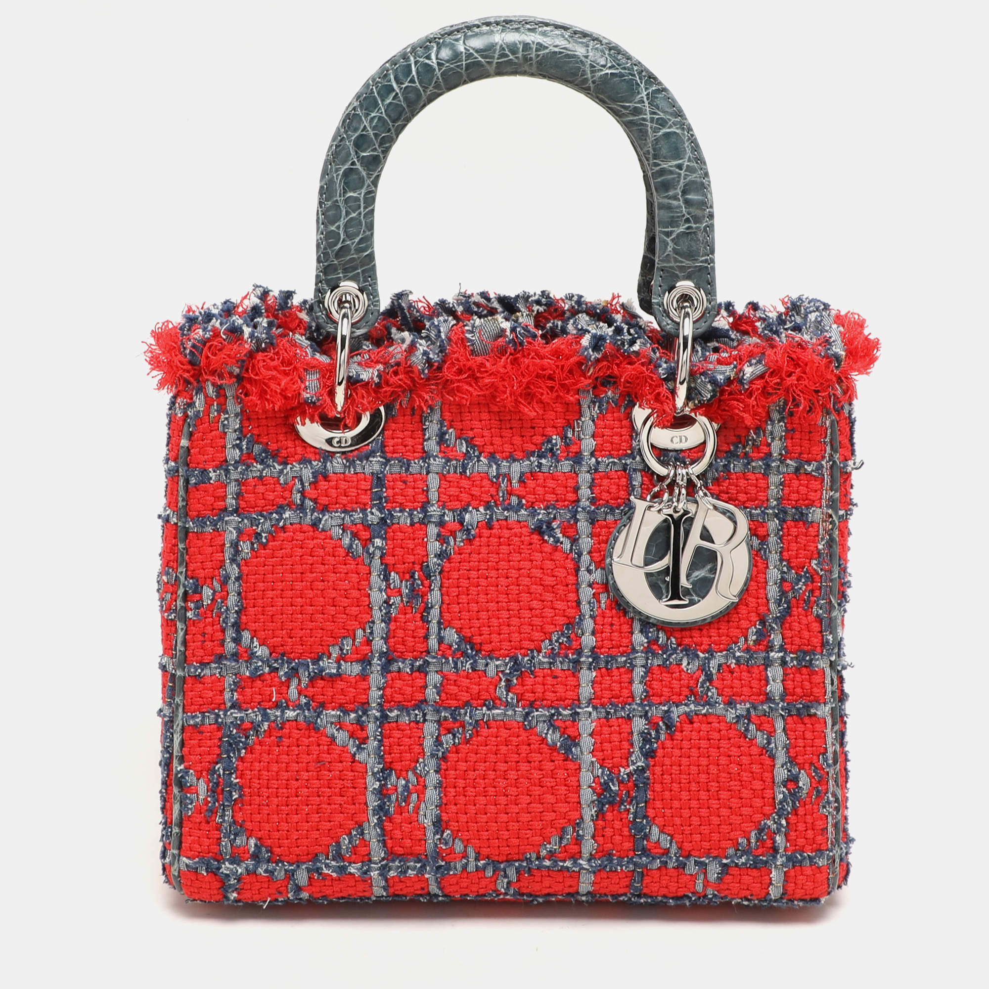 Pre Owned Dior Multicolor Croc Embossed Leather and Tweed Medium Lady Dior Tote