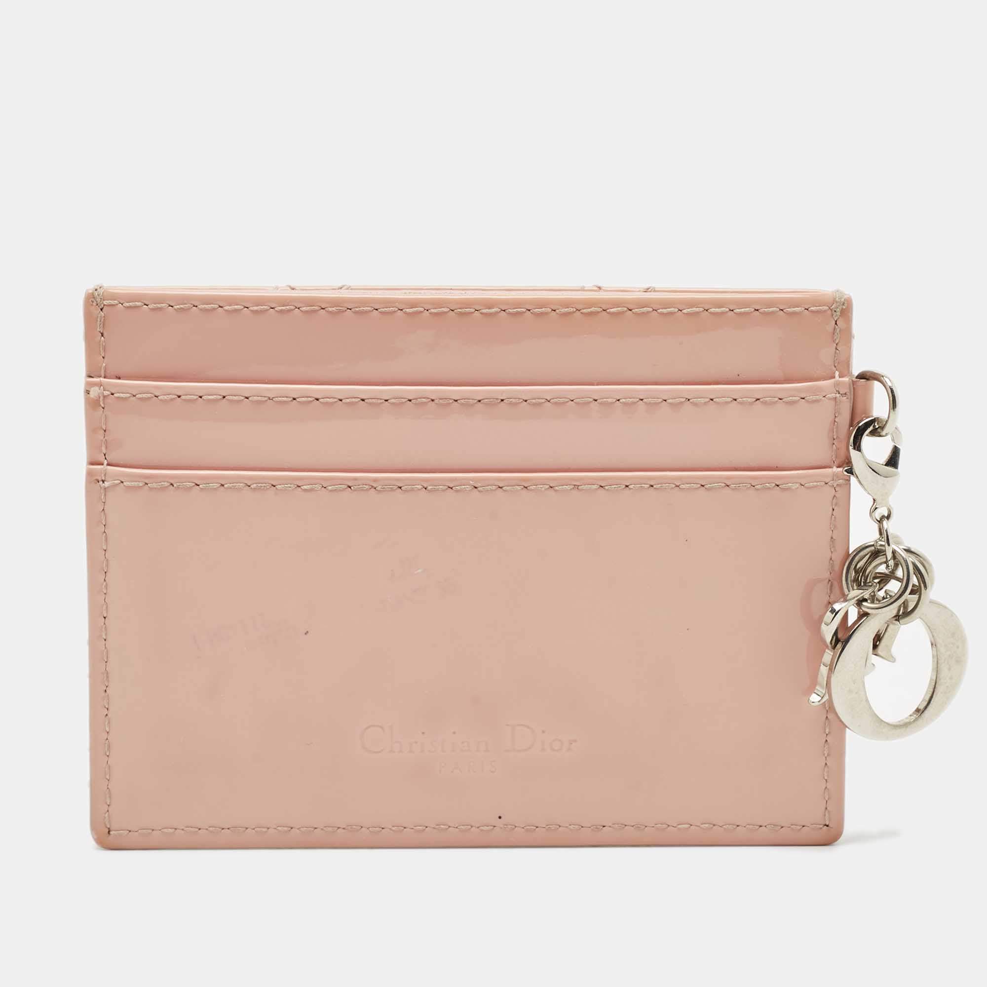 Pre Owned Dior Pink Cannage Patent Leather Lady Dior Card Holder