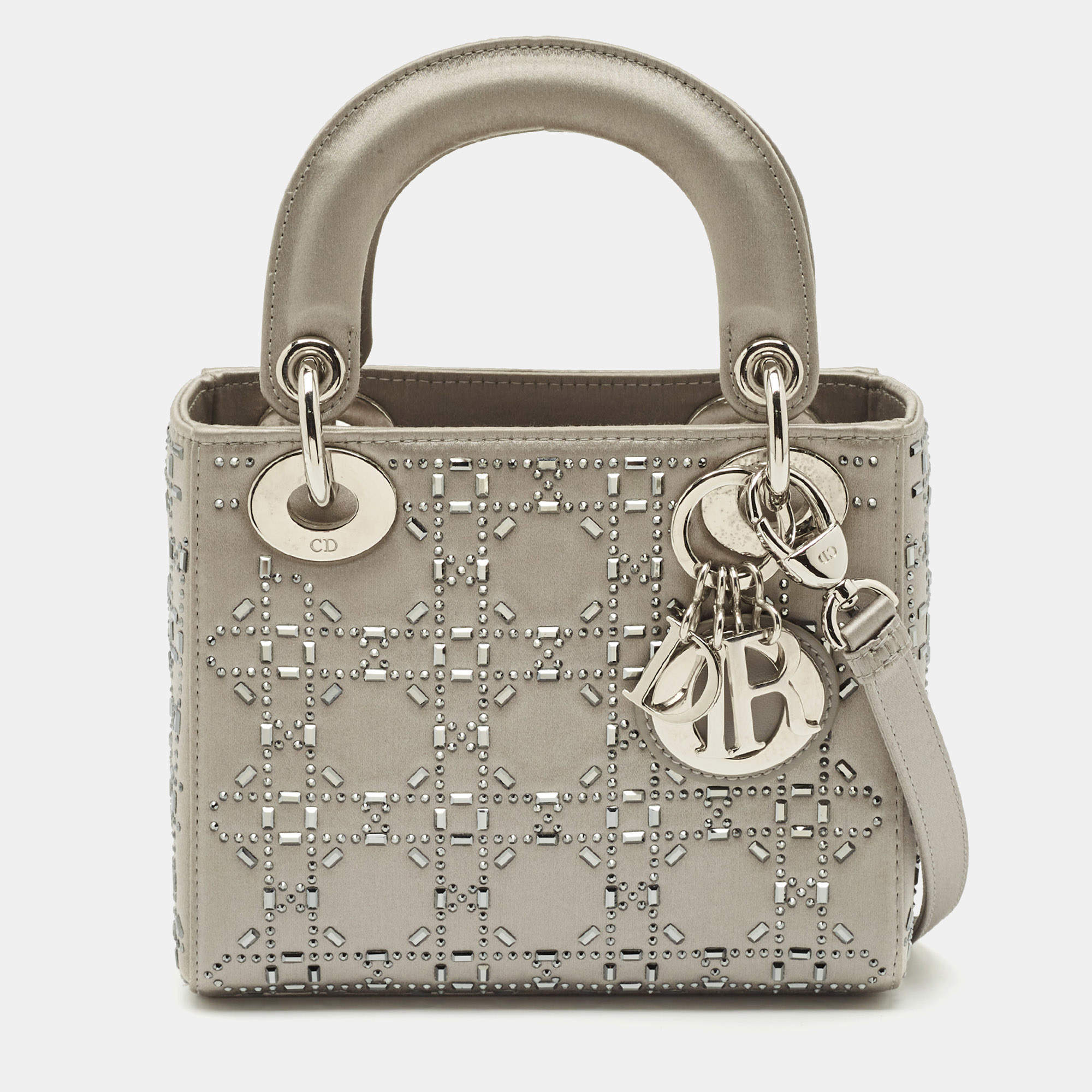 Pre Owned Dior Grey Cannage Satin Mini Beads Lady Dior Tote