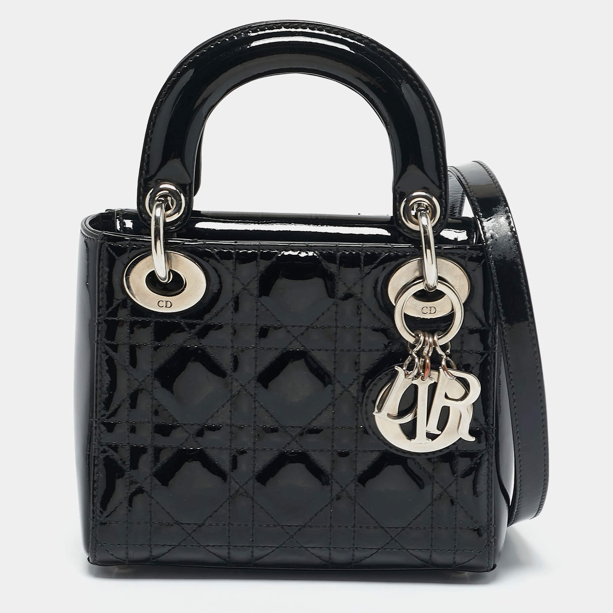 Pre Owned Dior Black Cannage Patent Leather Mini Lady Dior Tote