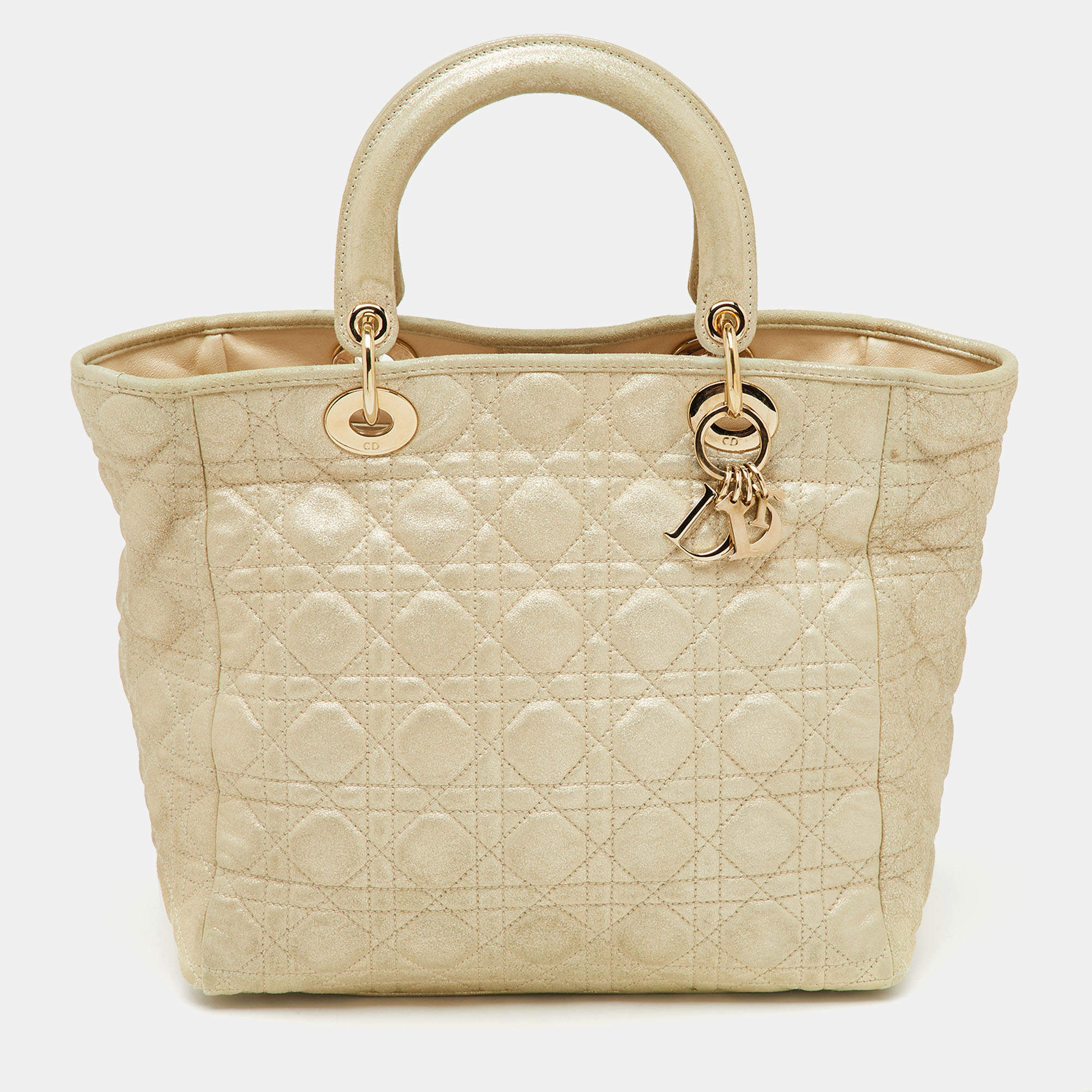 Pre Owned Dior Metallic Cannage Leather Small Soft Lady Dior Tote