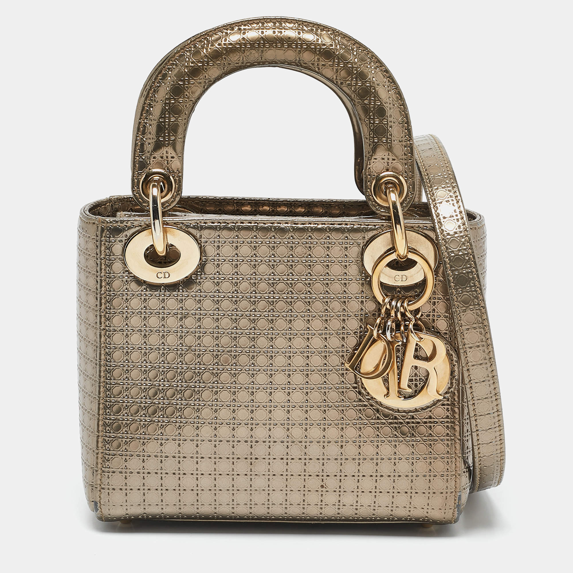 Pre Owned Dior Gold Microcannage Patent Leather Mini Lady Dior Tote