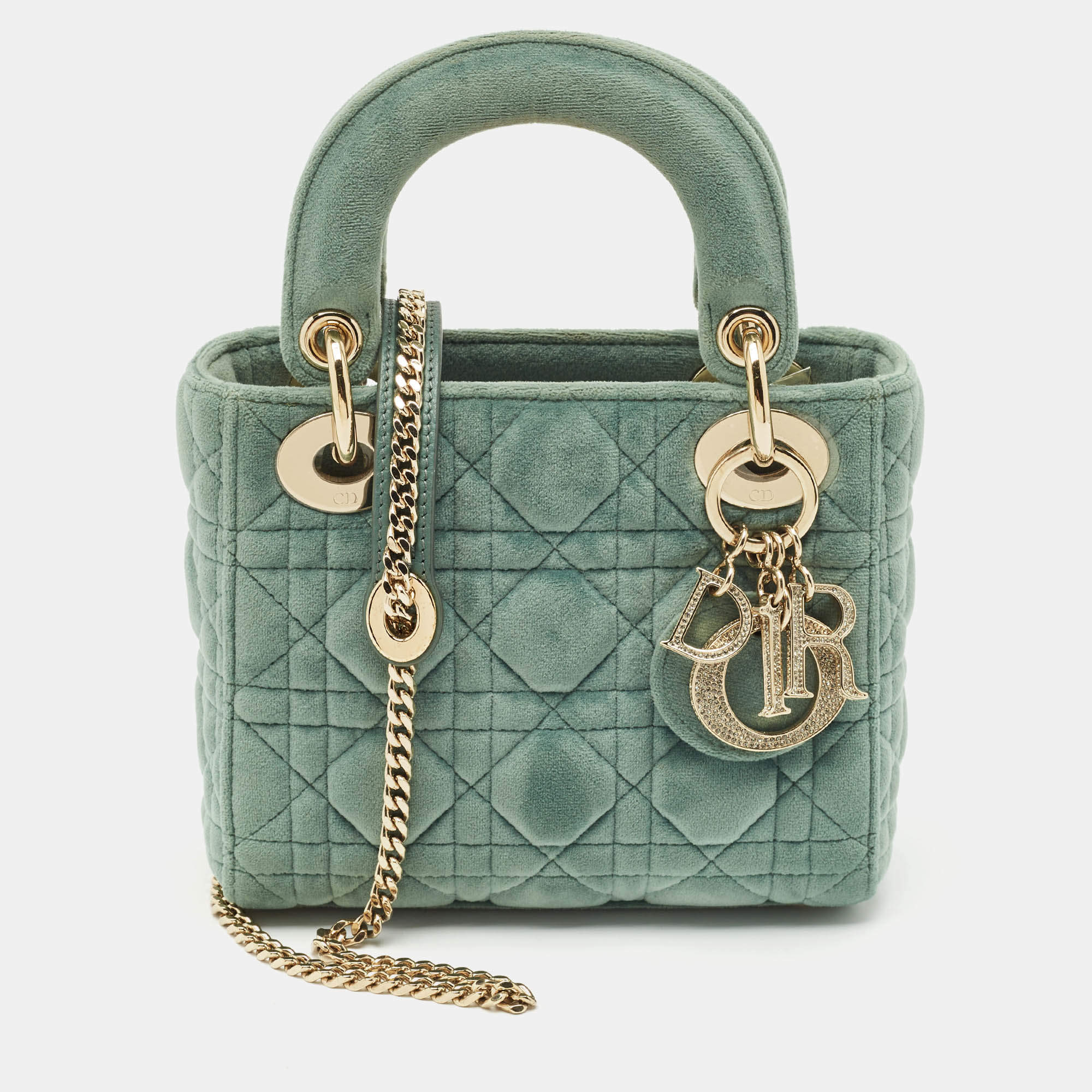Pre Owned Dior Green Cannage Velvet Mini Lady Dior Tote