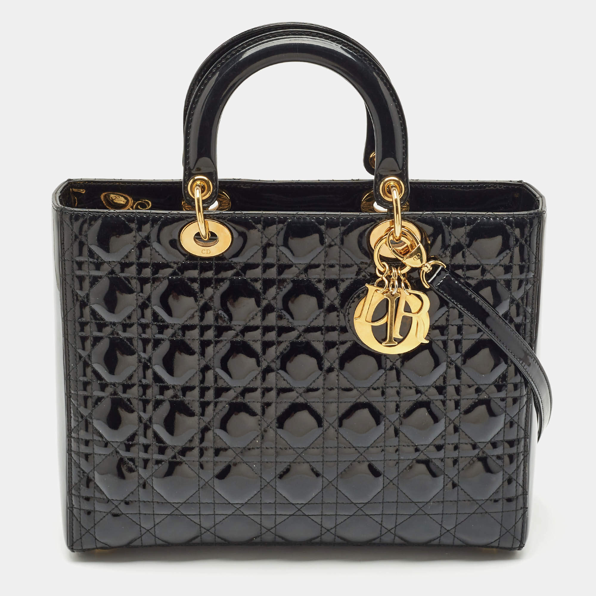 Pre Owned Dior Black Cannage Patent Leather Large Lady Dior Tote