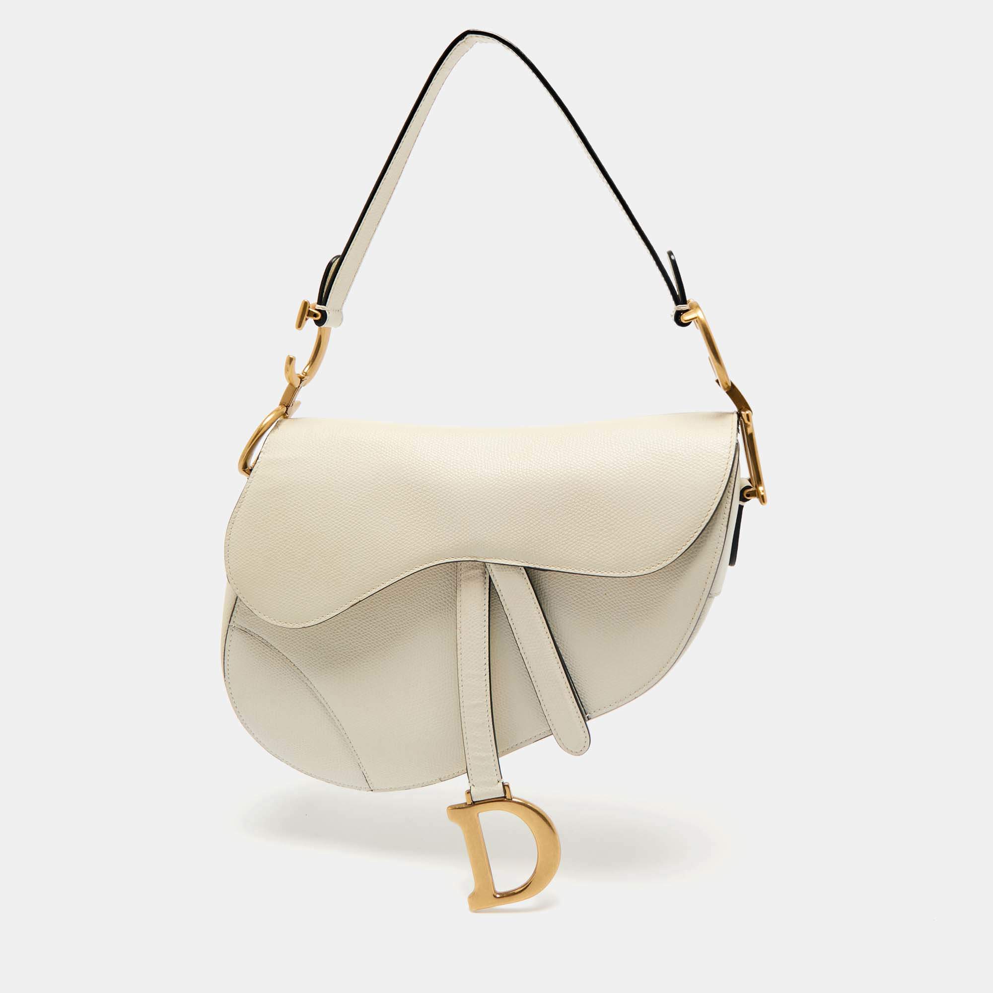 Pre Owned Dior White Leather Saddle Bag