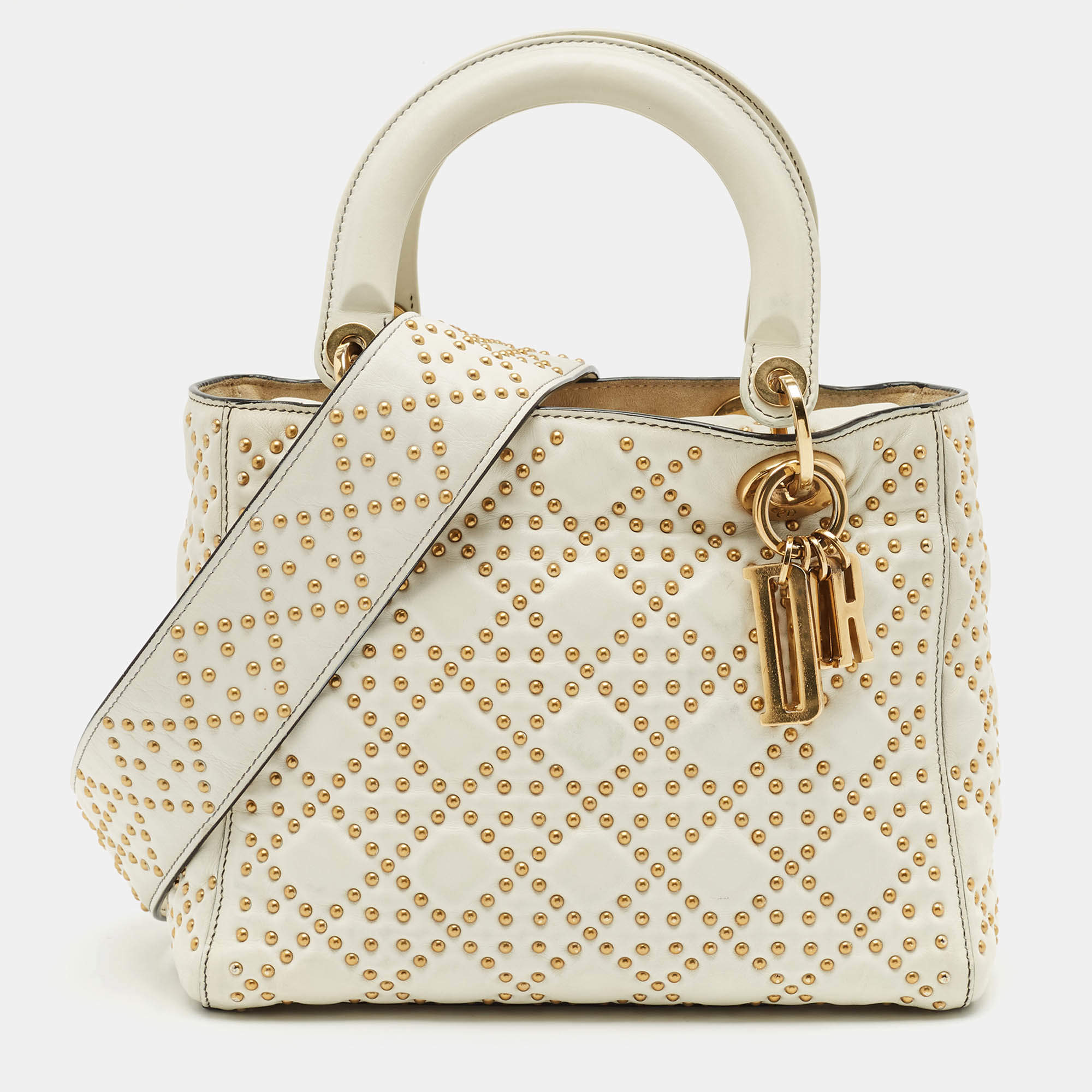 Pre Owned Dior White Cannage Leather Medium Studded Lady Dior Tote