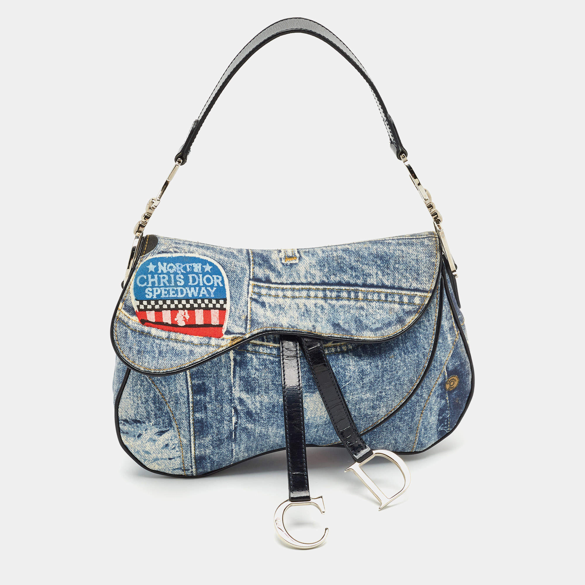 Pre Owned Dior Blue/Black Speedway Denim Double Saddle Bag