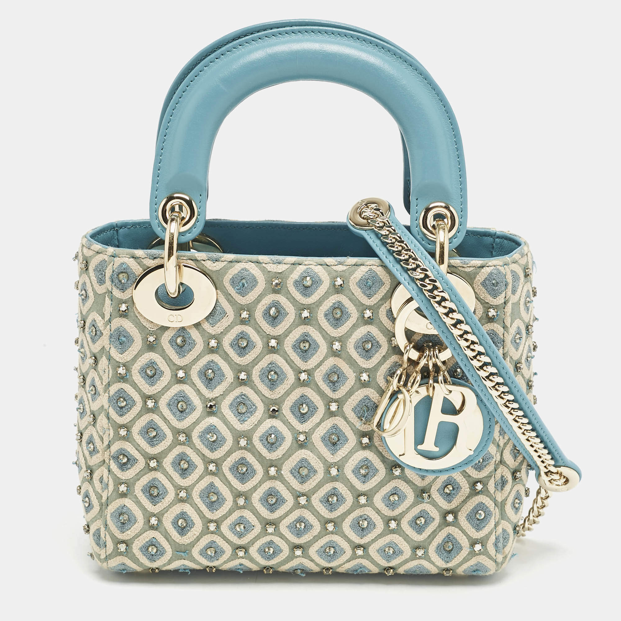 Dior Blue/White Fabric Mini Crystal Studded Lady Dior Tote