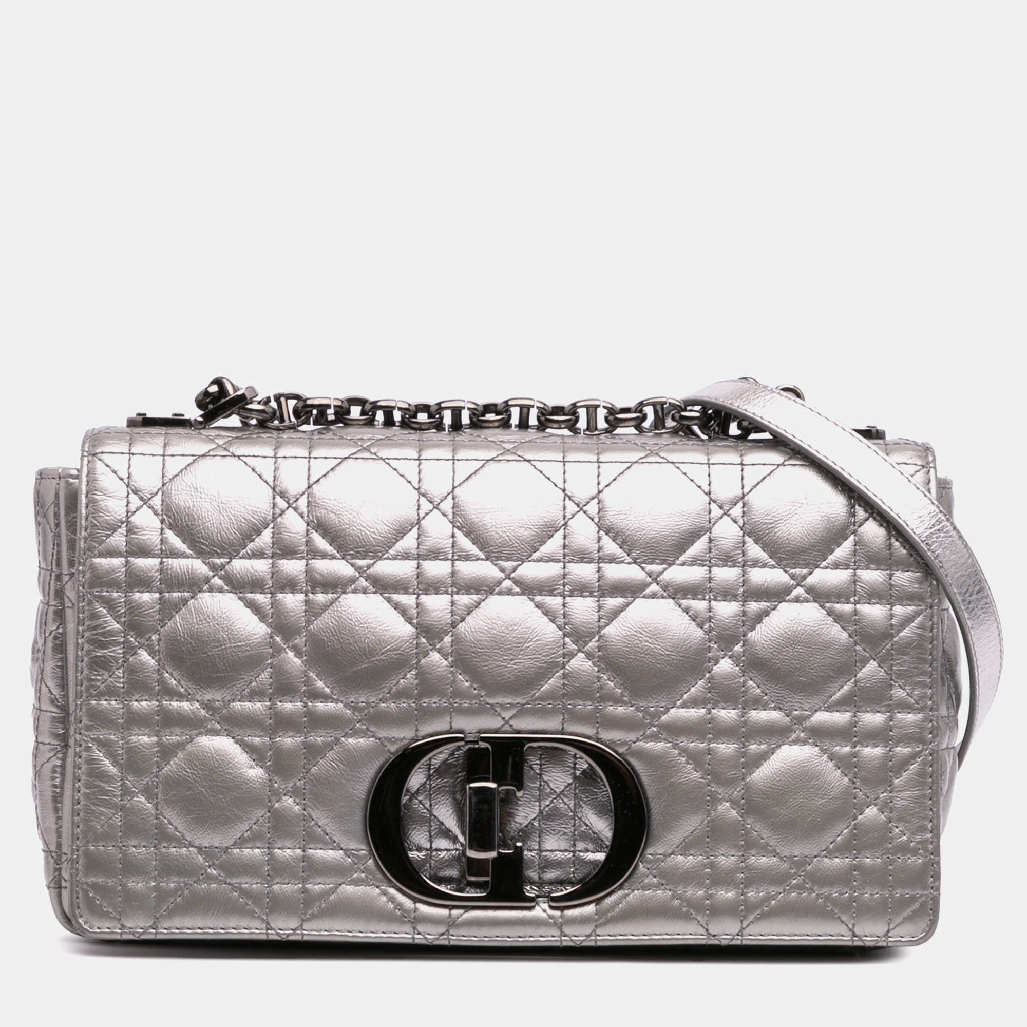 Pre Owned Dior Silver Medium Metallic Calfskin Cannage Supple Caro Bag