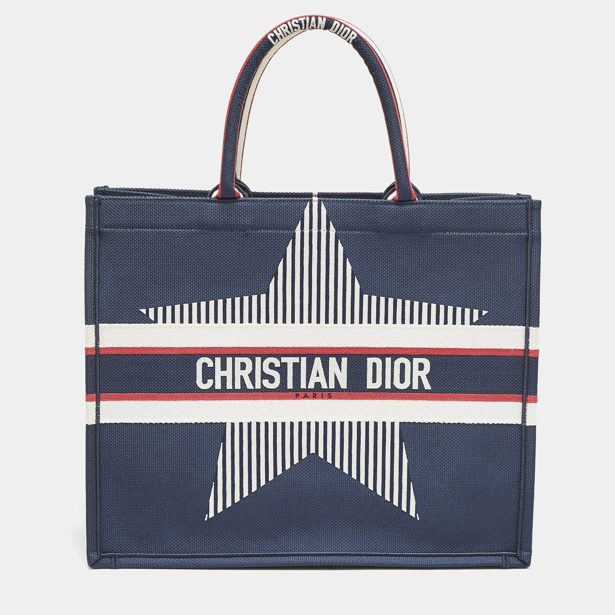 Pre Owned Dior Navy Blue Embroidered Canvas Large New Alps Book Tote