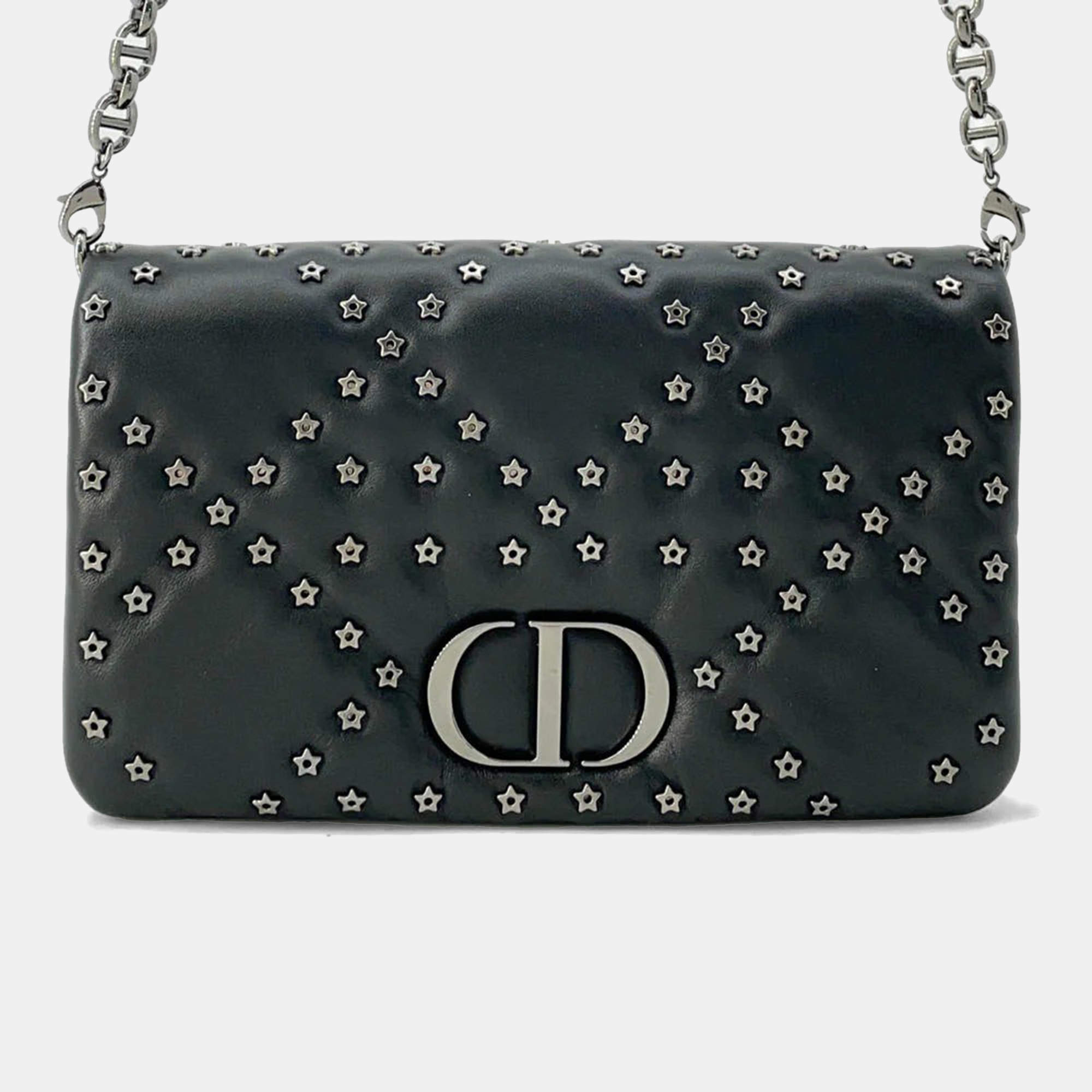 Dior Black Leather Caro Star Studded Flap Wallet On Chain 