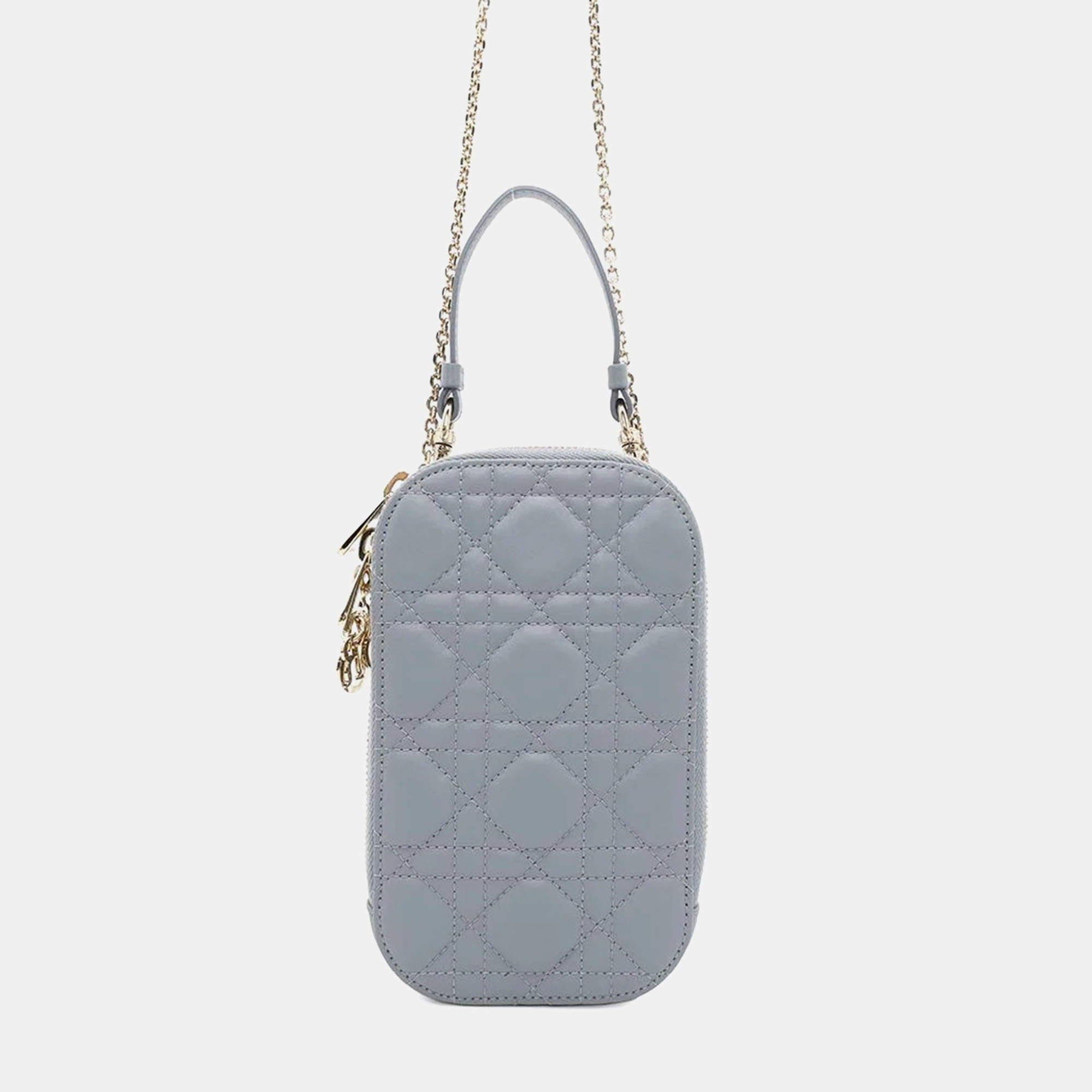 Dior Cloud Blue Lambskin Cannage Lady Dior Phone Holder Shoulder Bag