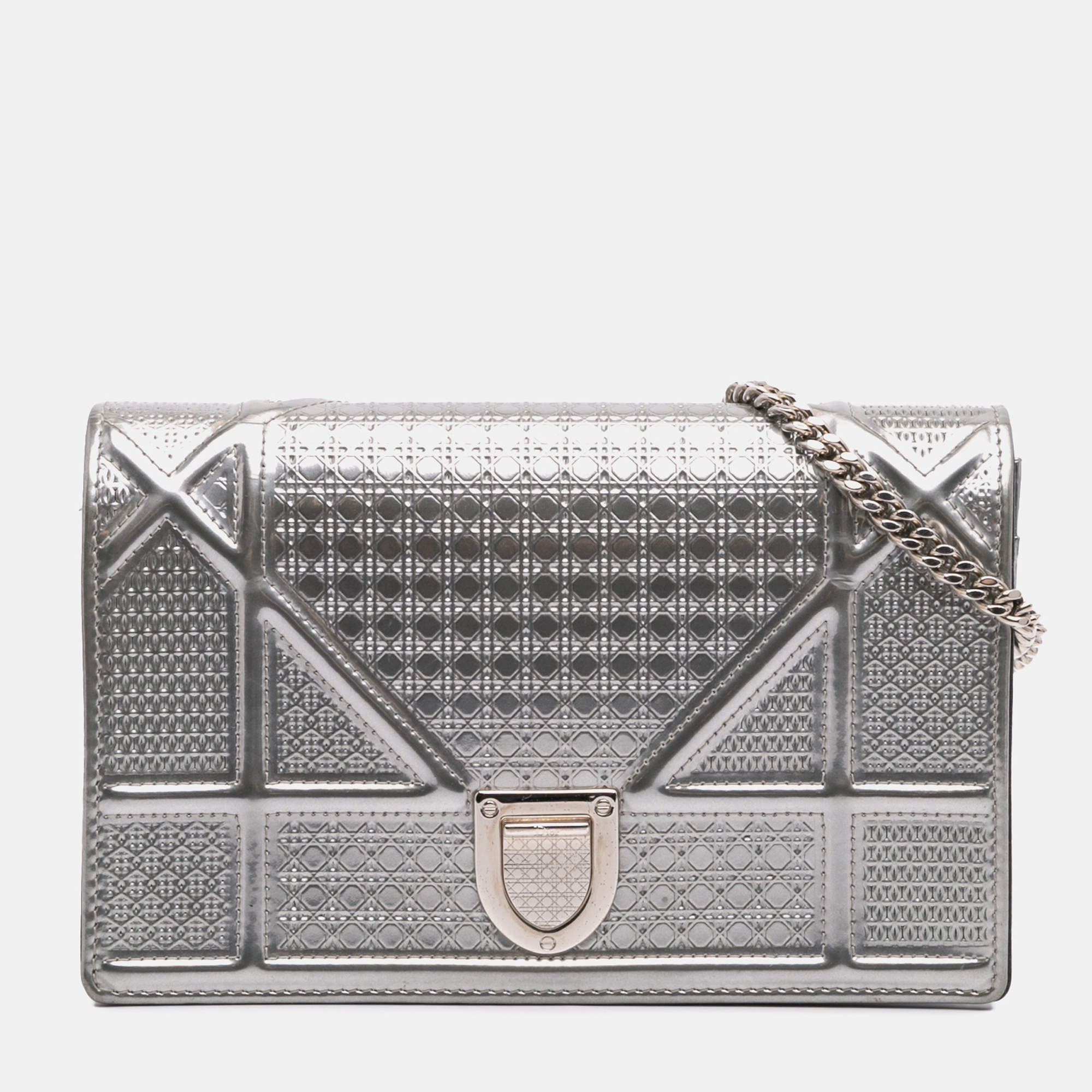 Dior Silver Metallic Patent Microcannage Diorama Wallet on Chain