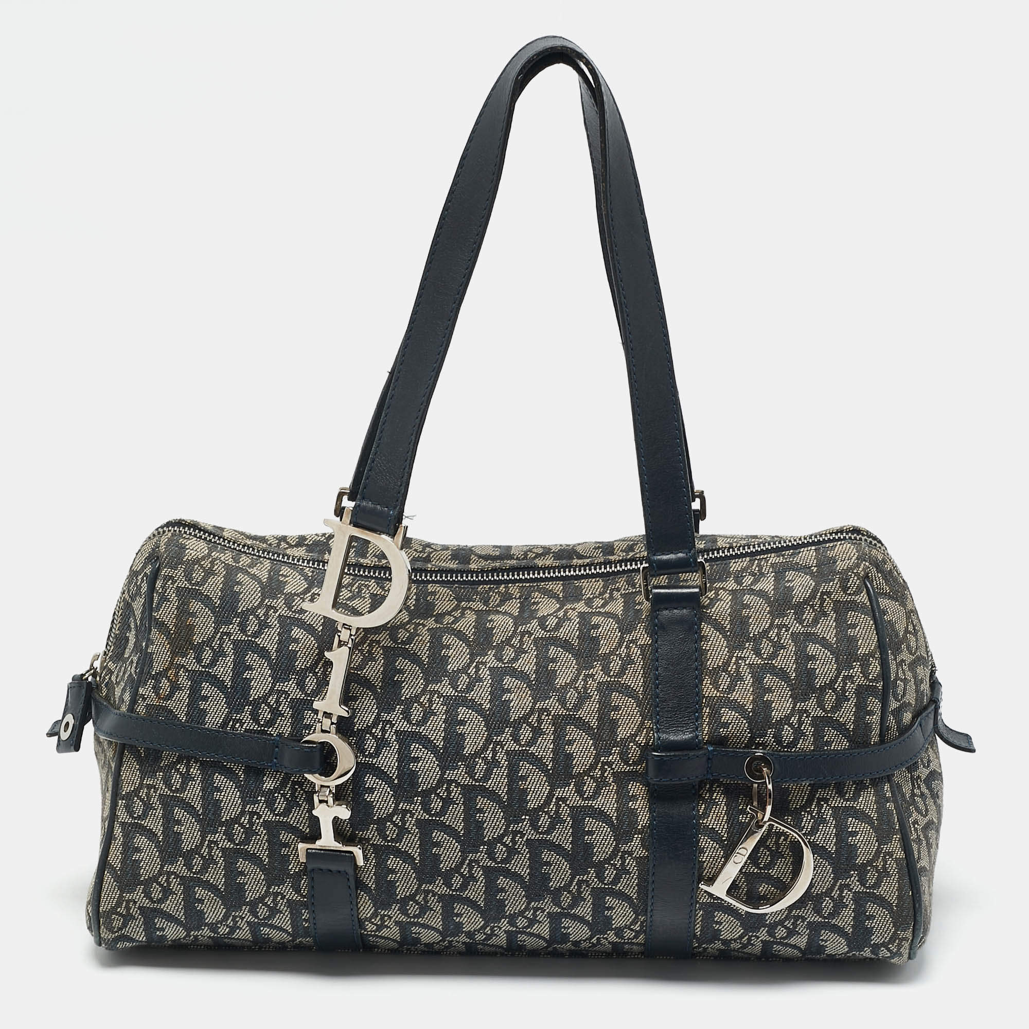 Dior Navy Blue Oblique Canvas and Leather Charms Boston Bag