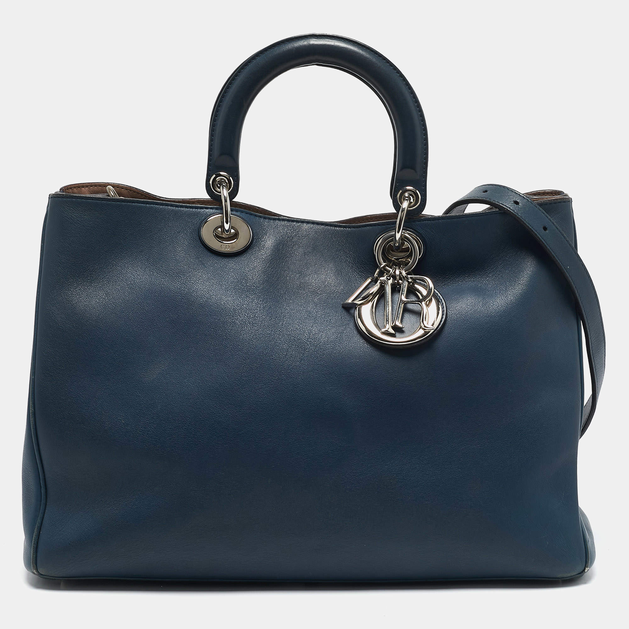 Pre Owned Dior Navy Blue Leather Large Diorissimo Shopper Tote