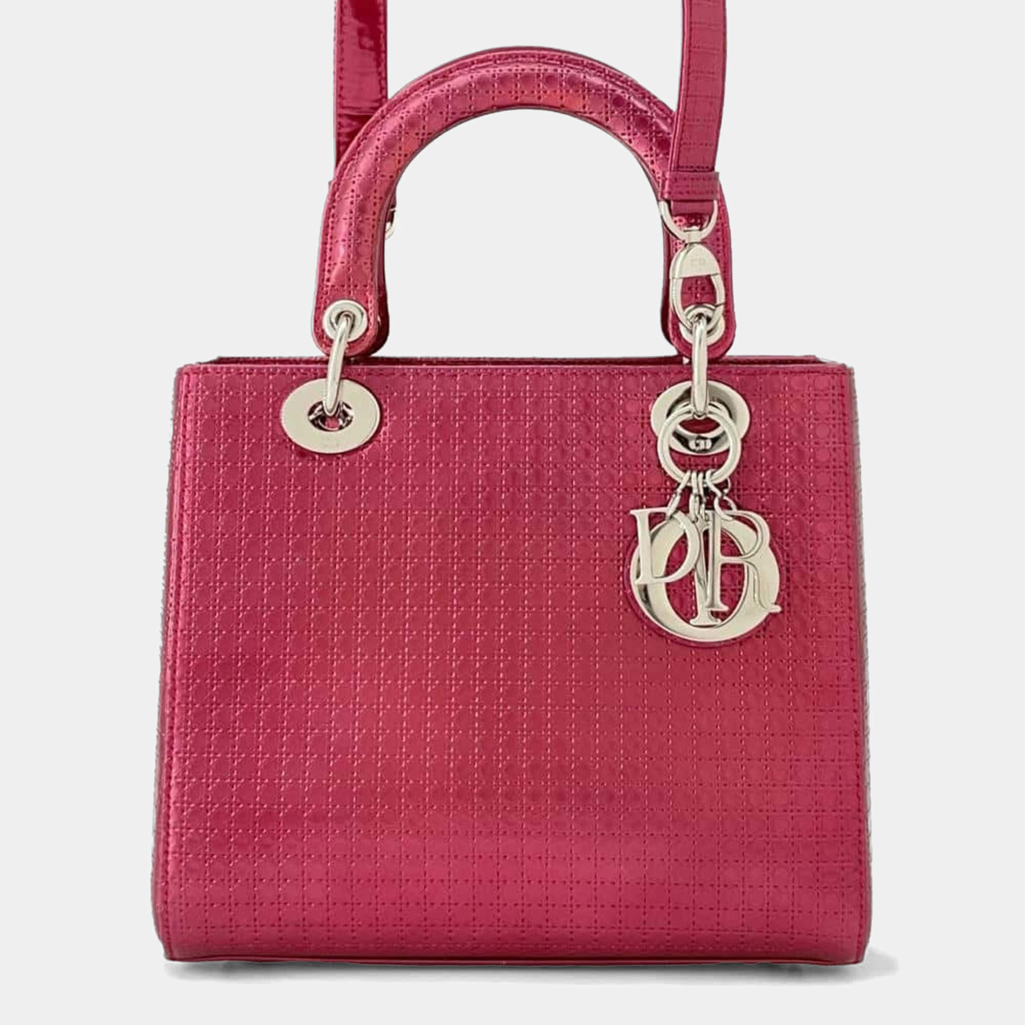 Dior Metallic Pink Patent Leather Medium Lady Dior Microcannage Handbag