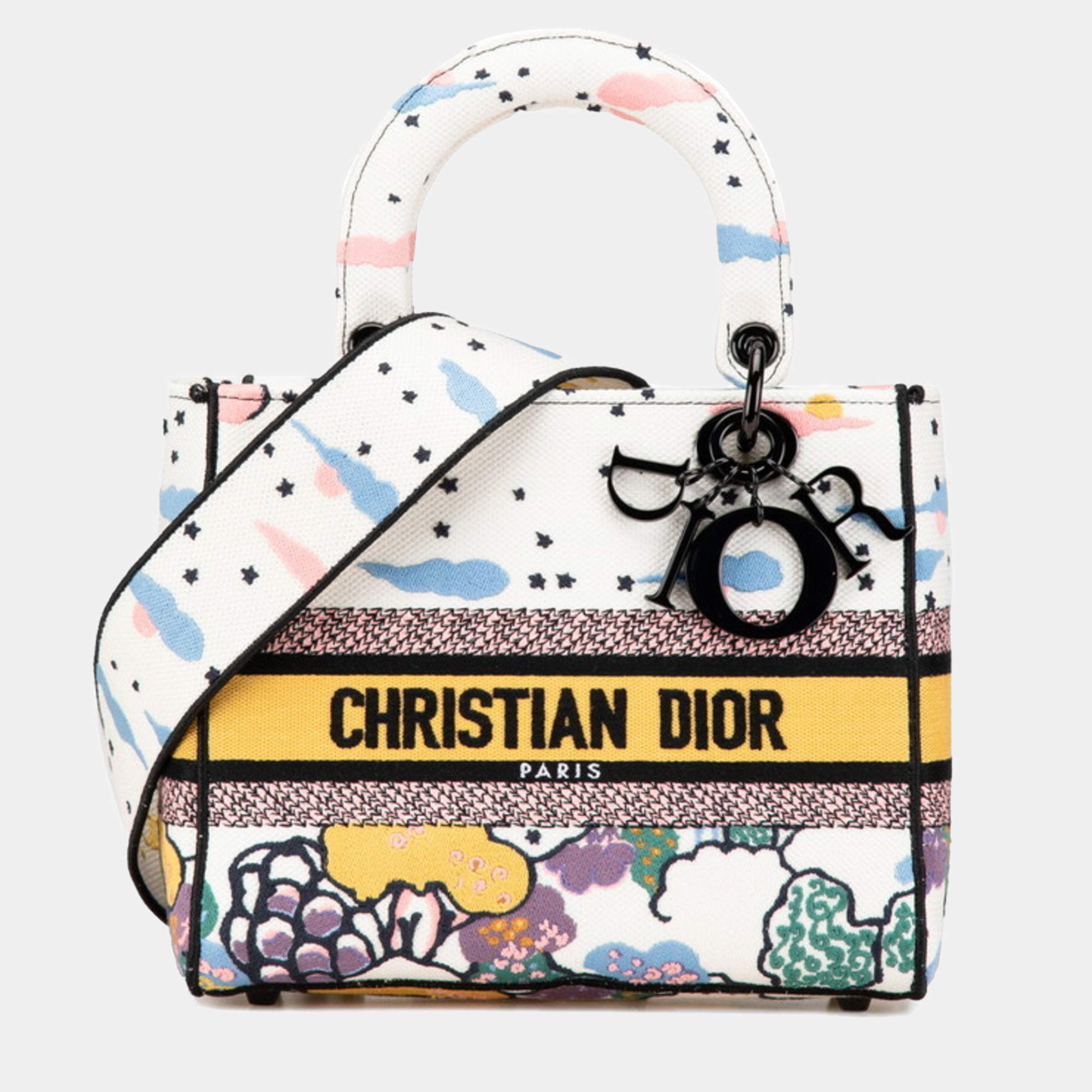 Dior White Multicolor Canvas Lady D-Lite Medium Shoulder Bag