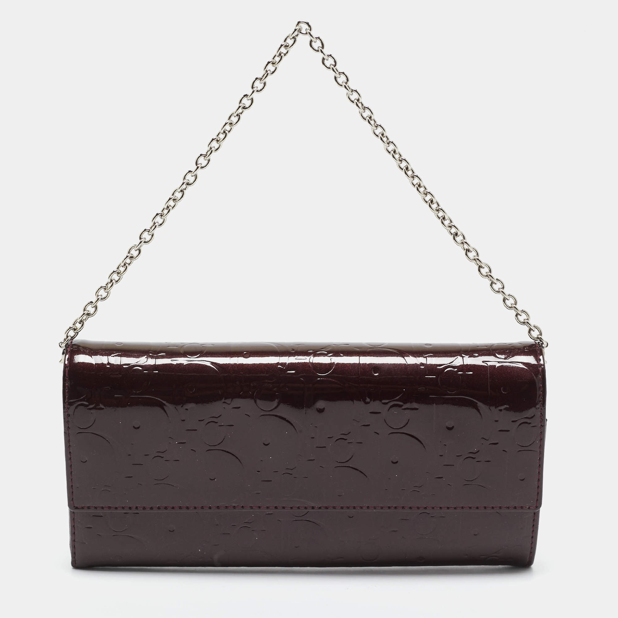 Dior Burgundy Oblique Patent Leather Wallet On Chain