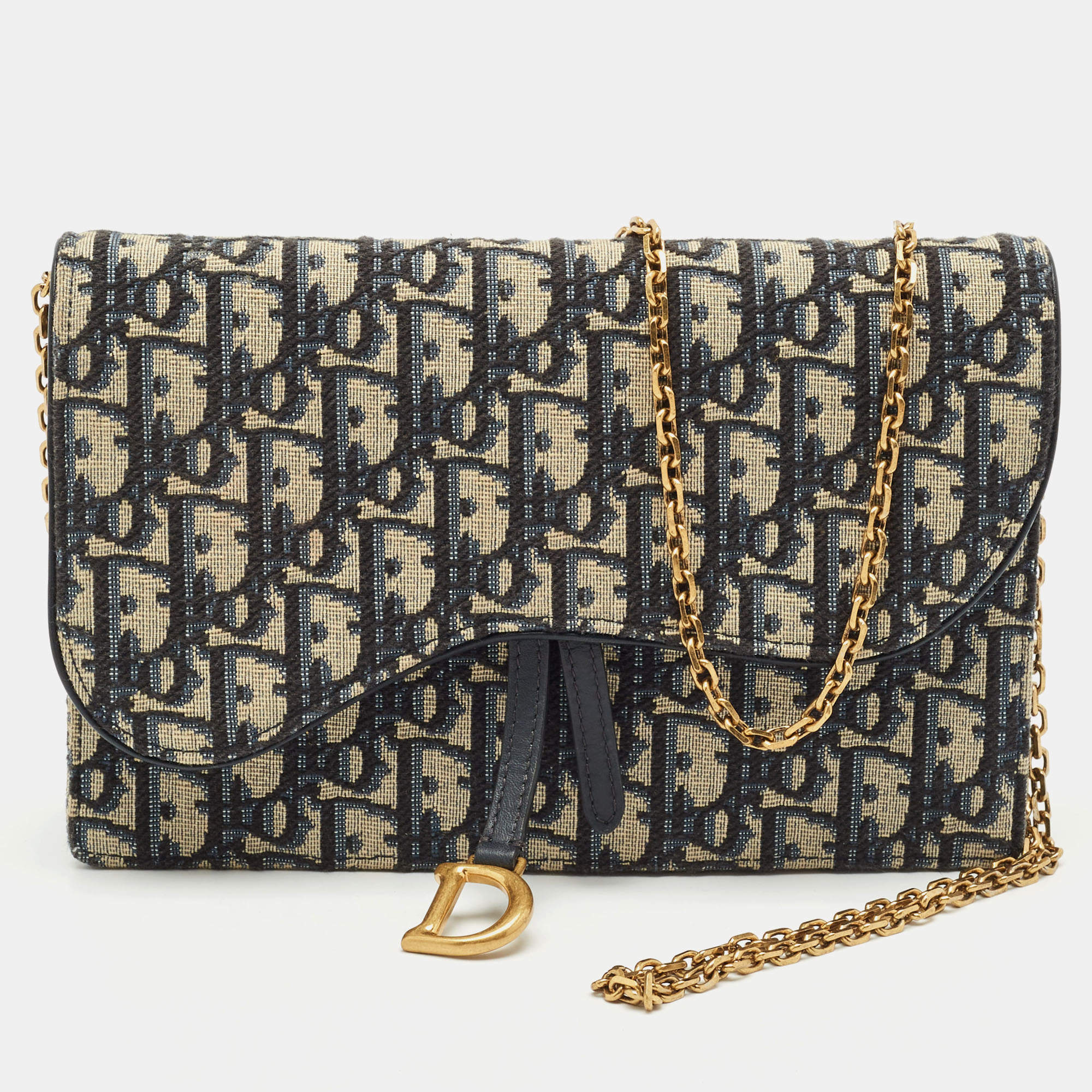 Pre Owned Dior Navy Blue/Beige Oblique Canvas Saddle Chain Pouch
