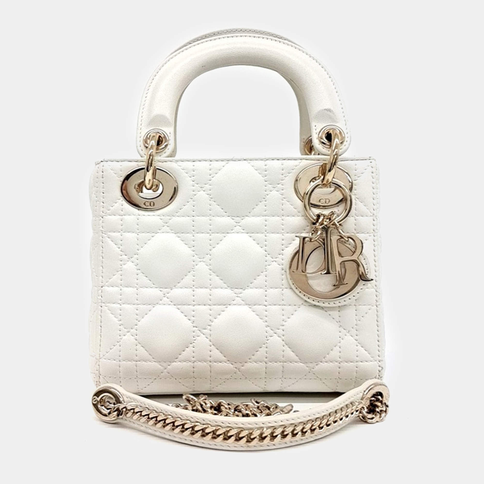 Dior White Leather Cannage Lady Bag Mini
