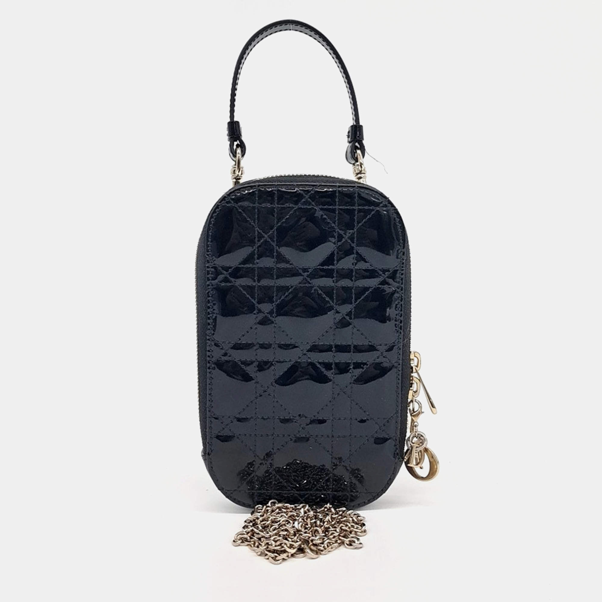 Dior Black Patent Leather Patent Phone Holder Crossbody Bag