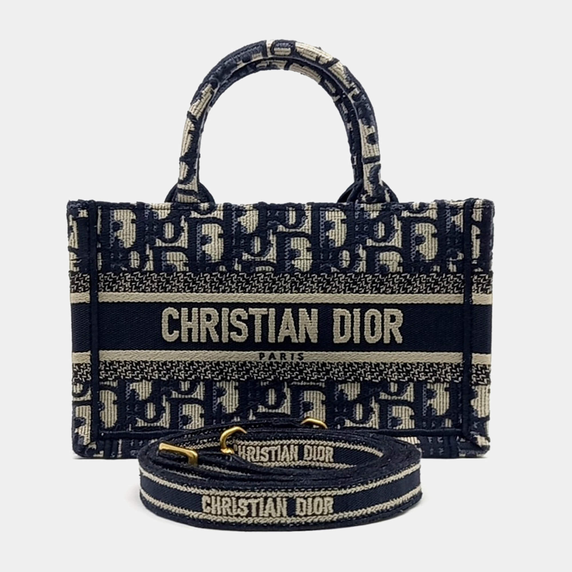 Dior Navy Blue Fabric Book Tote Mini Shoulder Strap Bag