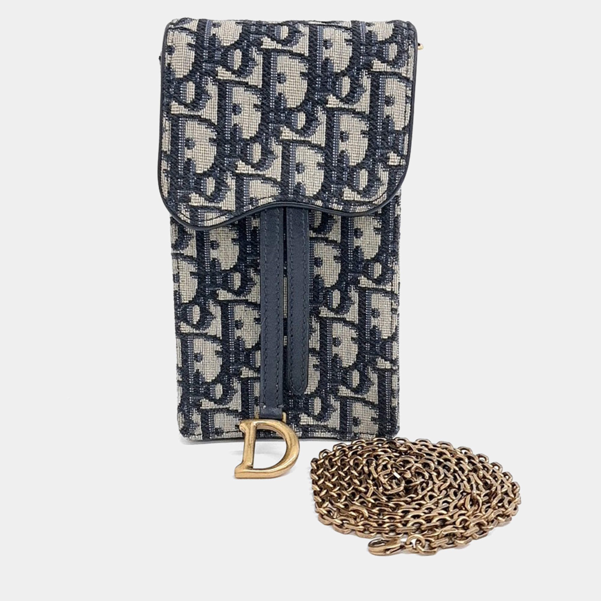 Dior Navy Blue Fabric Oblique Saddle Chain Crossbody Bag