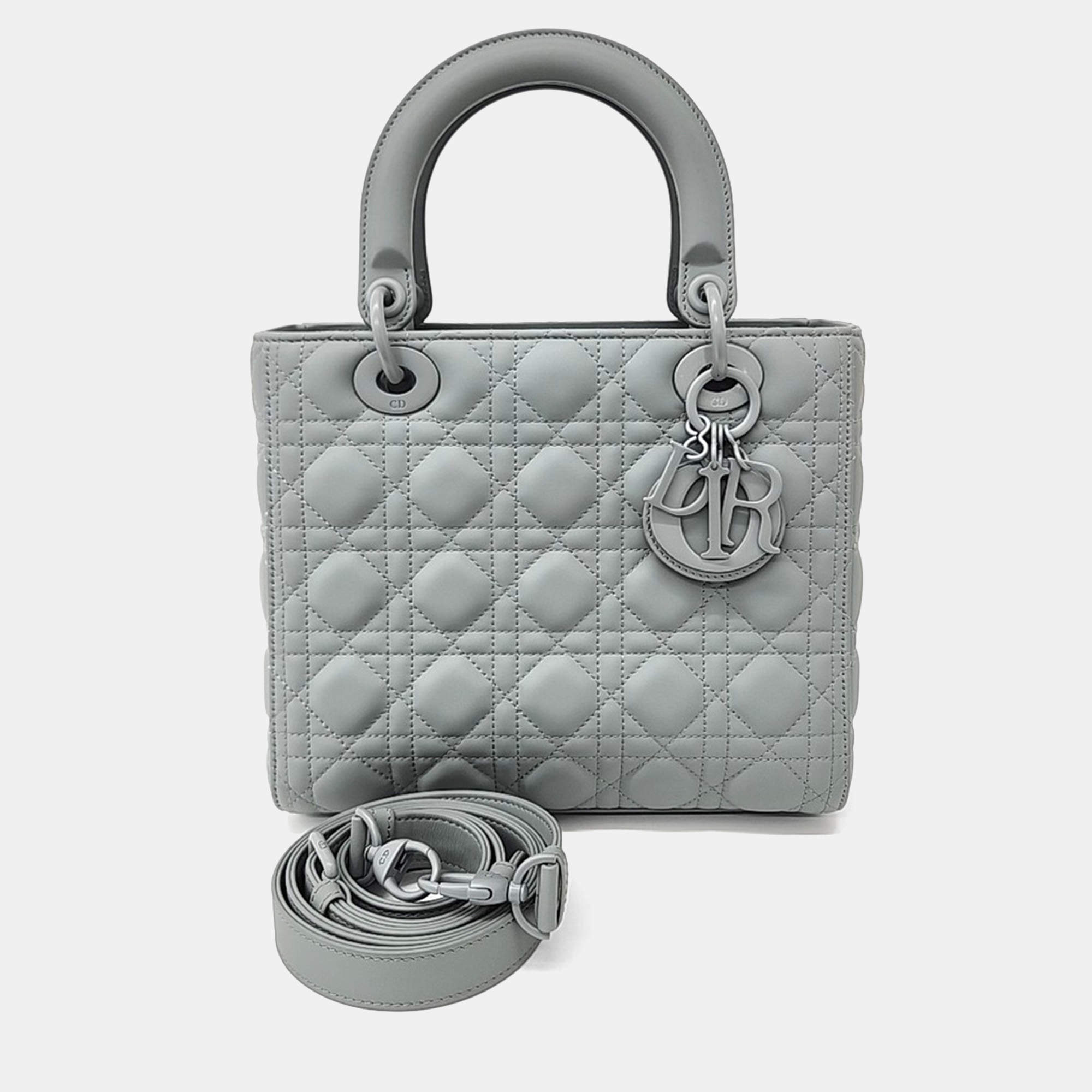 Dior Grey Leather Ultramatte Cannage Medium Lady Bag 