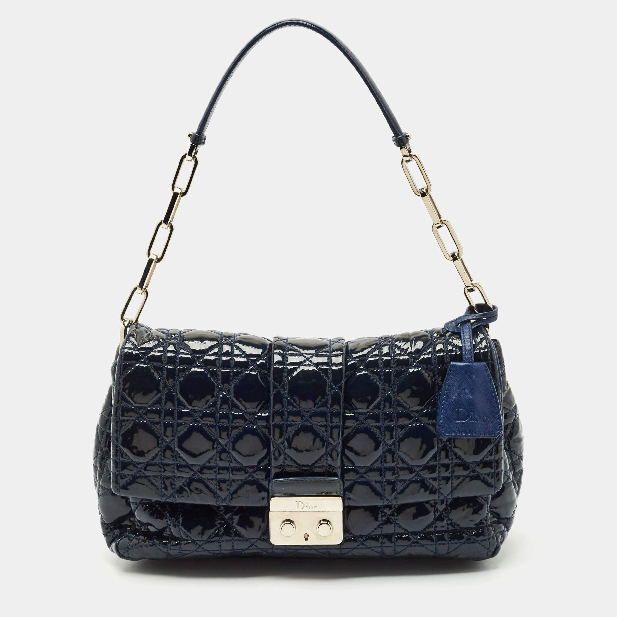 Dior Dark Blue Cannage Quilted Patent Leather New Lock Flap Bag