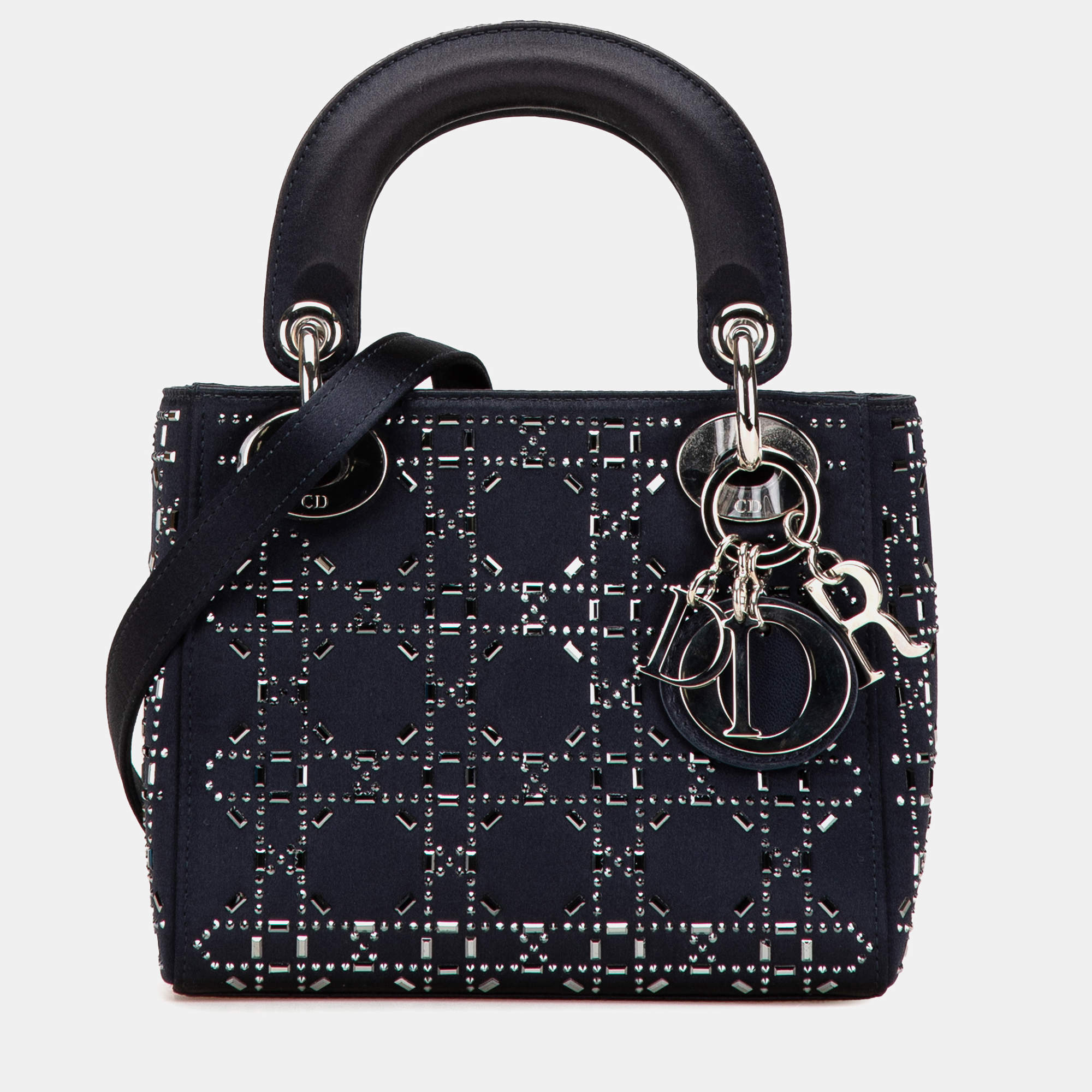 Dior Navy Blue Mini Satin Cannage Strass Crystal Embellished Lady Dior