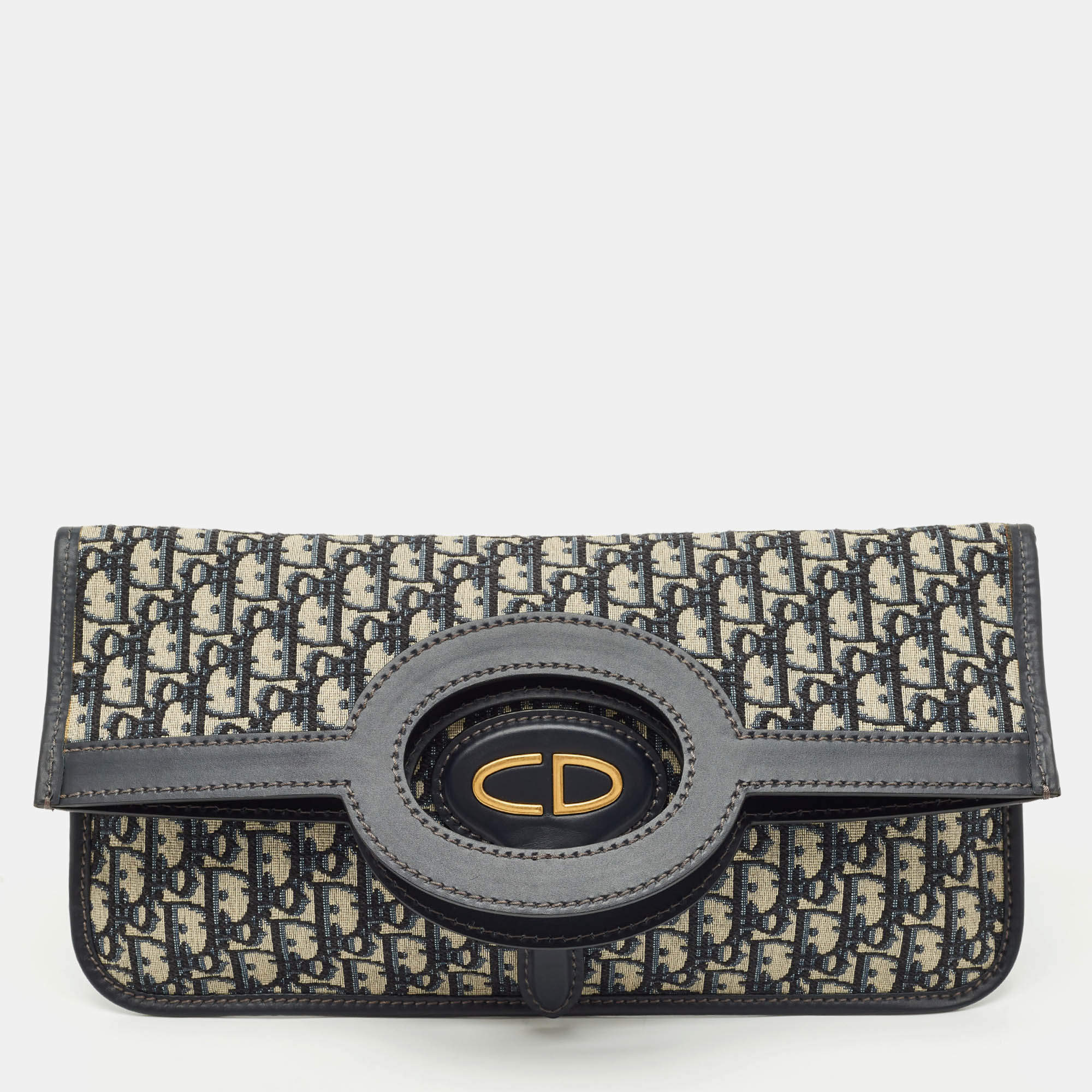 Dior Navy Blue Oblique Canvas Fold Over Clutch