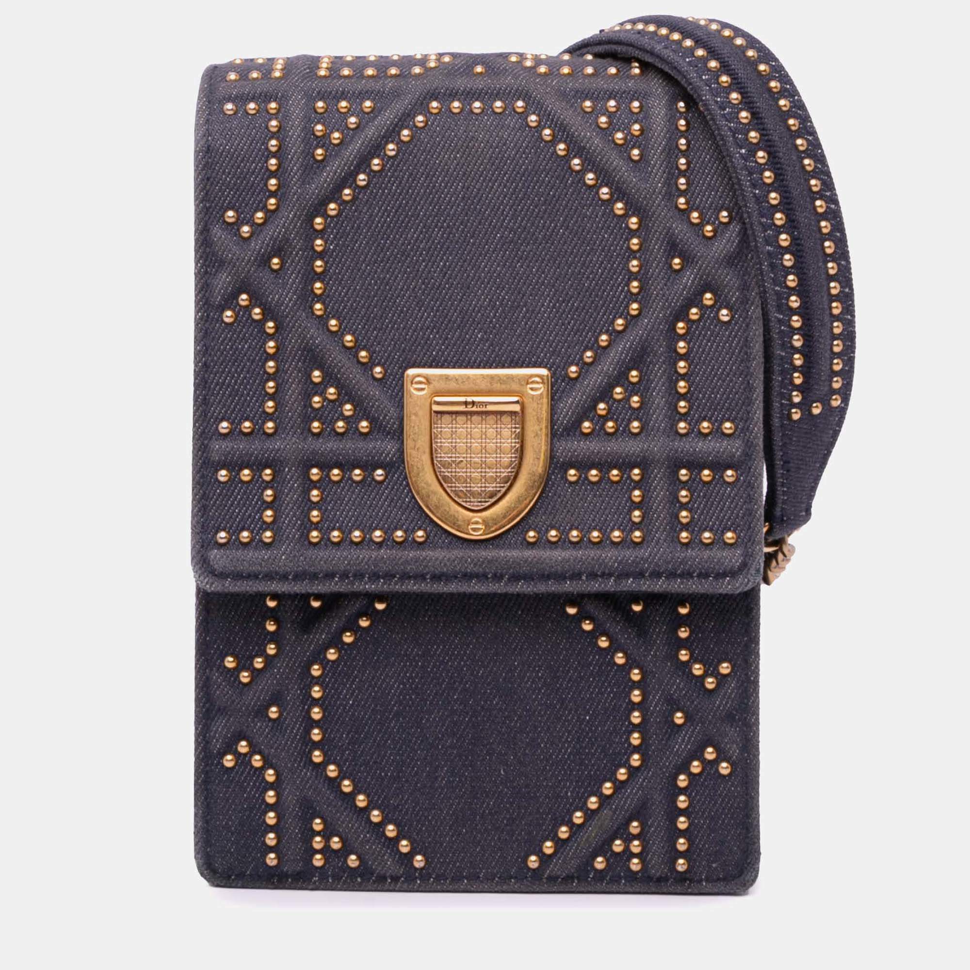 Dior Grey Studded Denim Vertical Diorama Crossbody