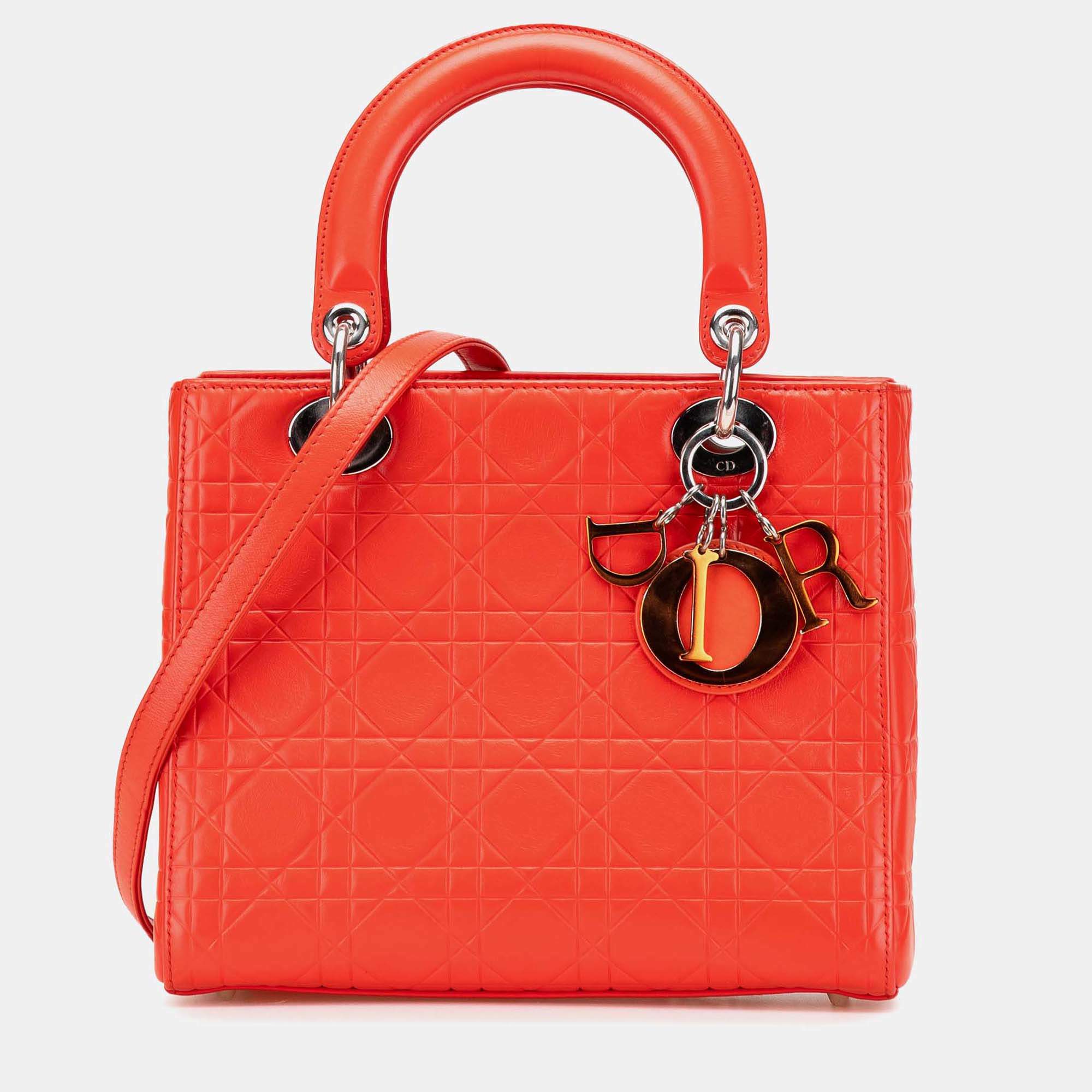 Dior Orange Medium Ultra Matte Calfskin Cannage Embossed Lady Dior